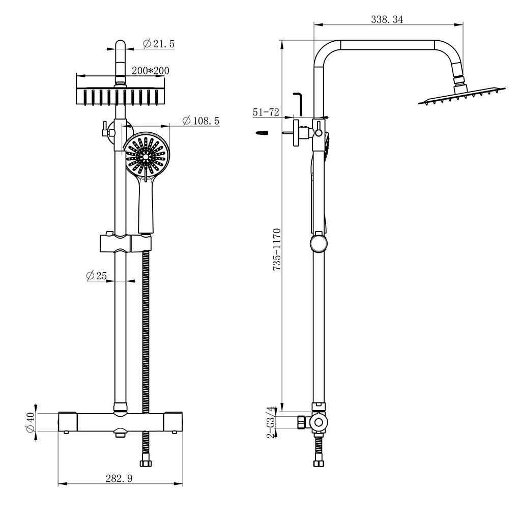 AICA Colonna Doccia con Miscelatore Termostatico, Set Doccia Completo, Rubinetto Doccia, Soffione Doccia Quadrato in Acciaio Inox, Altezza Regolabile, Matt Black / Cromato - Image 7