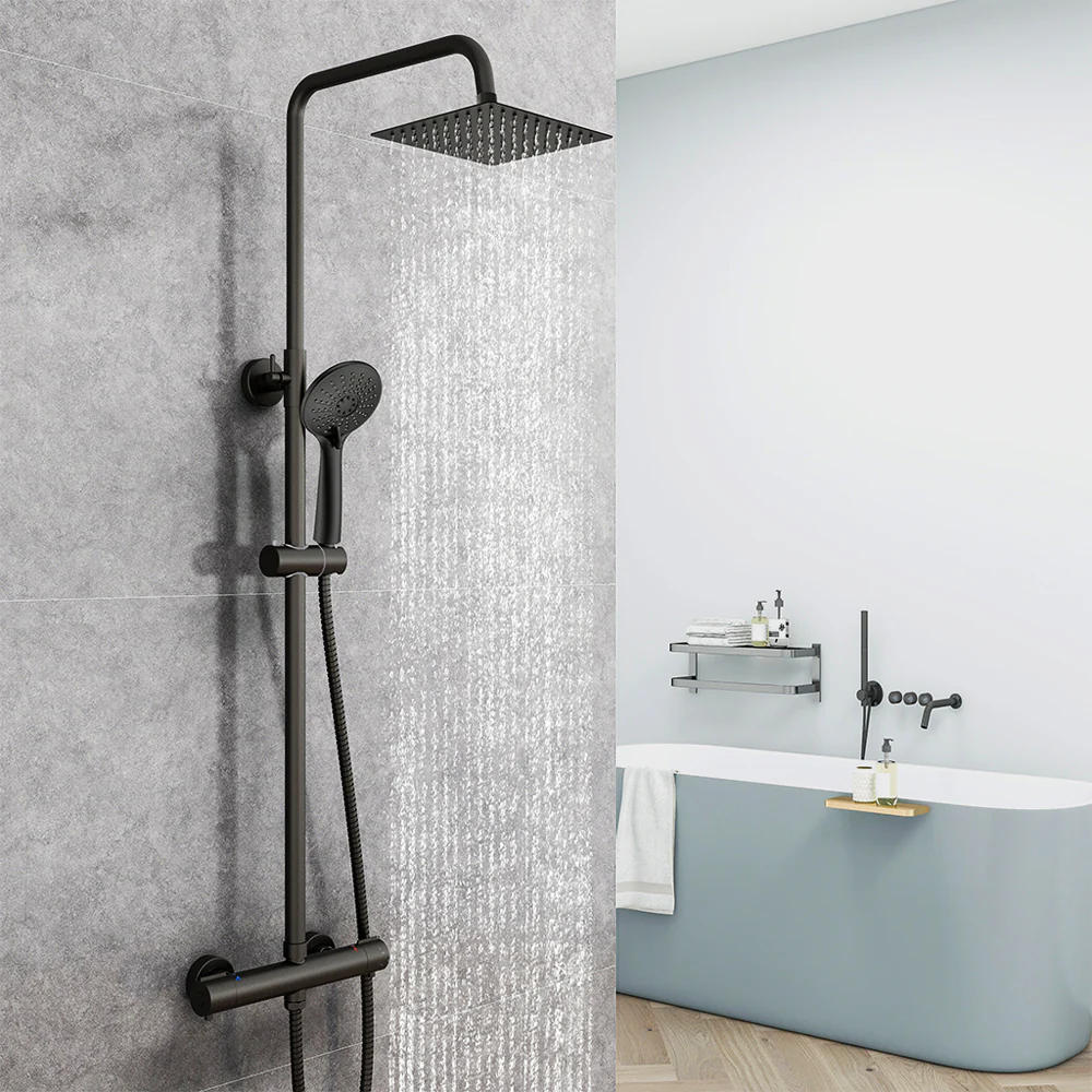 AICA Colonna Doccia con Miscelatore Termostatico, Set Doccia Completo, Rubinetto Doccia, Soffione Doccia Quadrato in Acciaio Inox, Altezza Regolabile, Matt Black / Cromato - Image 8