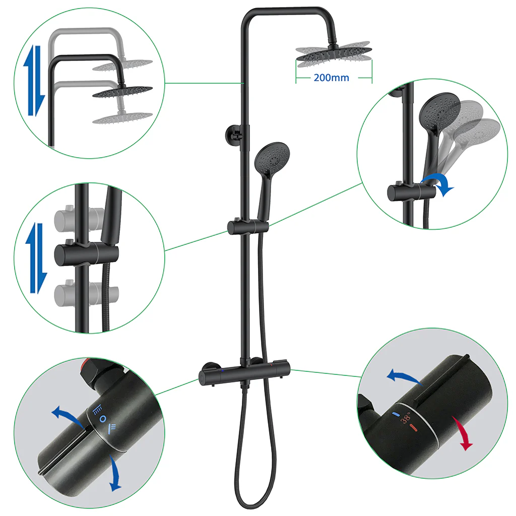 AICA Colonna Doccia con Miscelatore Termostatico, Set Doccia Completo, Soffione Doccia Tondo in Acciaio Inox, Altezza Regolabile, Rubinetto Doccia, Matt Black / Cromato - Image 4