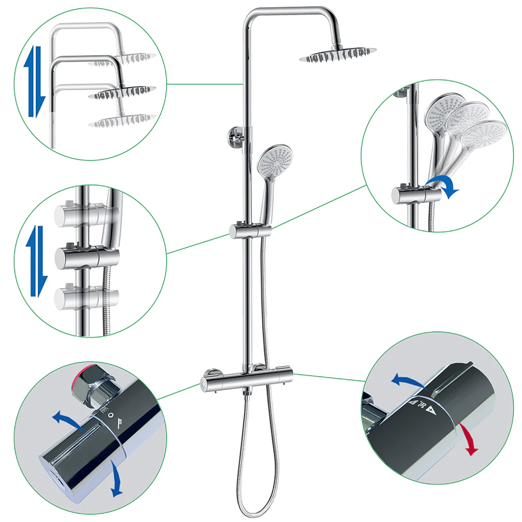 AICA Colonna Doccia con Miscelatore Termostatico, Set Doccia Completo, Soffione Doccia Tondo in Acciaio Inox, Altezza Regolabile, Rubinetto Doccia, Matt Black / Cromato - Image 9