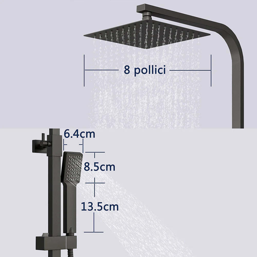 AICA Colonna Doccia con Miscelatore Termostatico, Soffione Doccia Quadrato in Acciaio Inox 20x20cm, Altezza Regolabile 80-120cm Nero Opaco - Image 4