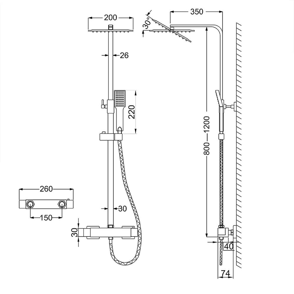 AICA Colonna Doccia con Miscelatore Termostatico, Soffione Doccia Quadrato in Acciaio Inox 20x20cm, Altezza Regolabile 80-120cm Nero Opaco - Image 6