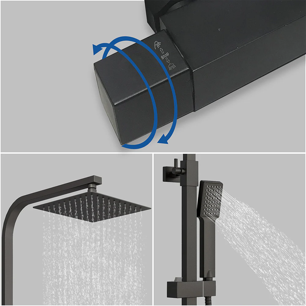 AICA Colonna Doccia con Miscelatore Termostatico, Soffione Doccia Quadrato in Acciaio Inox 20x20cm, Altezza Regolabile 80-120cm Nero Opaco - Image 7
