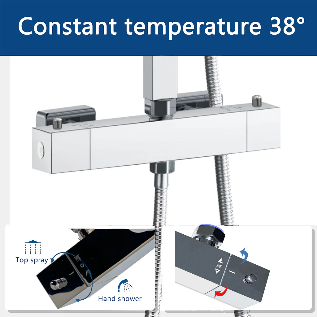 AICA Colonna Doccia con Miscelatore Termostatico, Soffione Doccia Quadrato in Acciaio Inox, Set Doccia Completo, Altezza Regolabile, Rubinetto Doccia, Cromato ou Matt Black - Image 10
