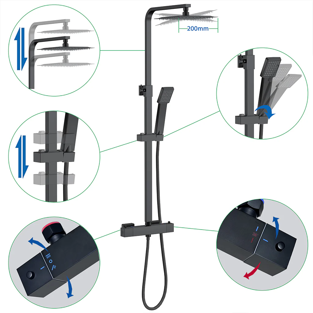 AICA Colonna Doccia con Miscelatore Termostatico, Soffione Doccia Quadrato in Acciaio Inox, Set Doccia Completo, Altezza Regolabile, Rubinetto Doccia, Cromato ou Matt Black - Image 4