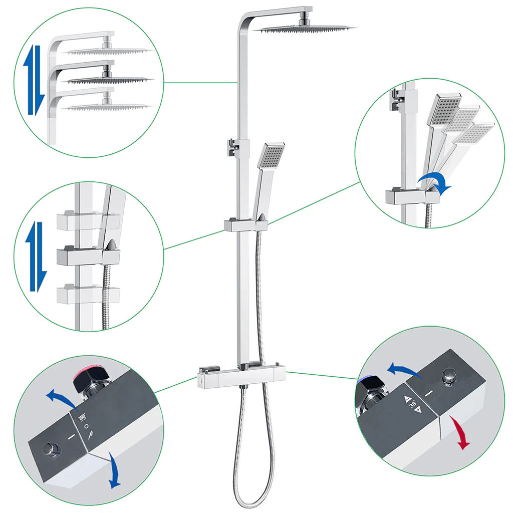 AICA Colonna Doccia con Miscelatore Termostatico, Soffione Doccia Quadrato in Acciaio Inox, Set Doccia Completo, Altezza Regolabile, Rubinetto Doccia, Cromato ou Matt Black - Image 9