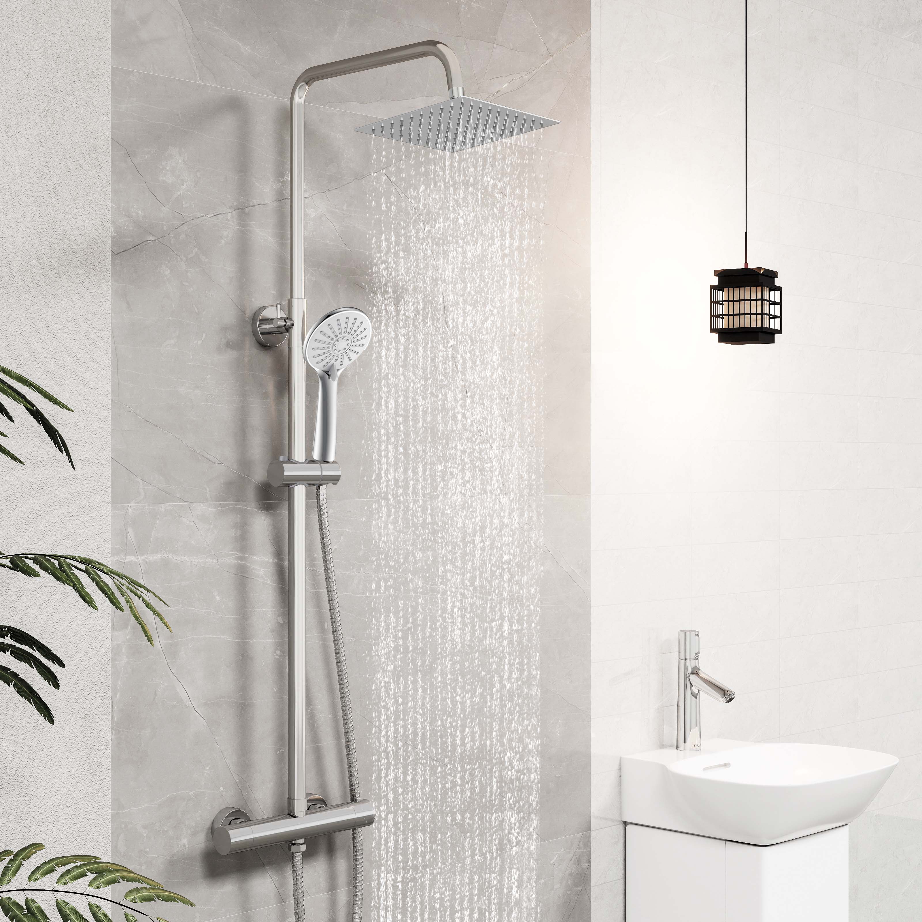 AICA Colonna doccia doccia con miscelatore termostatico, soffione quadrato 20x20cm in acciaio inox, regolabile in altezza, disponibile in cromo/nero