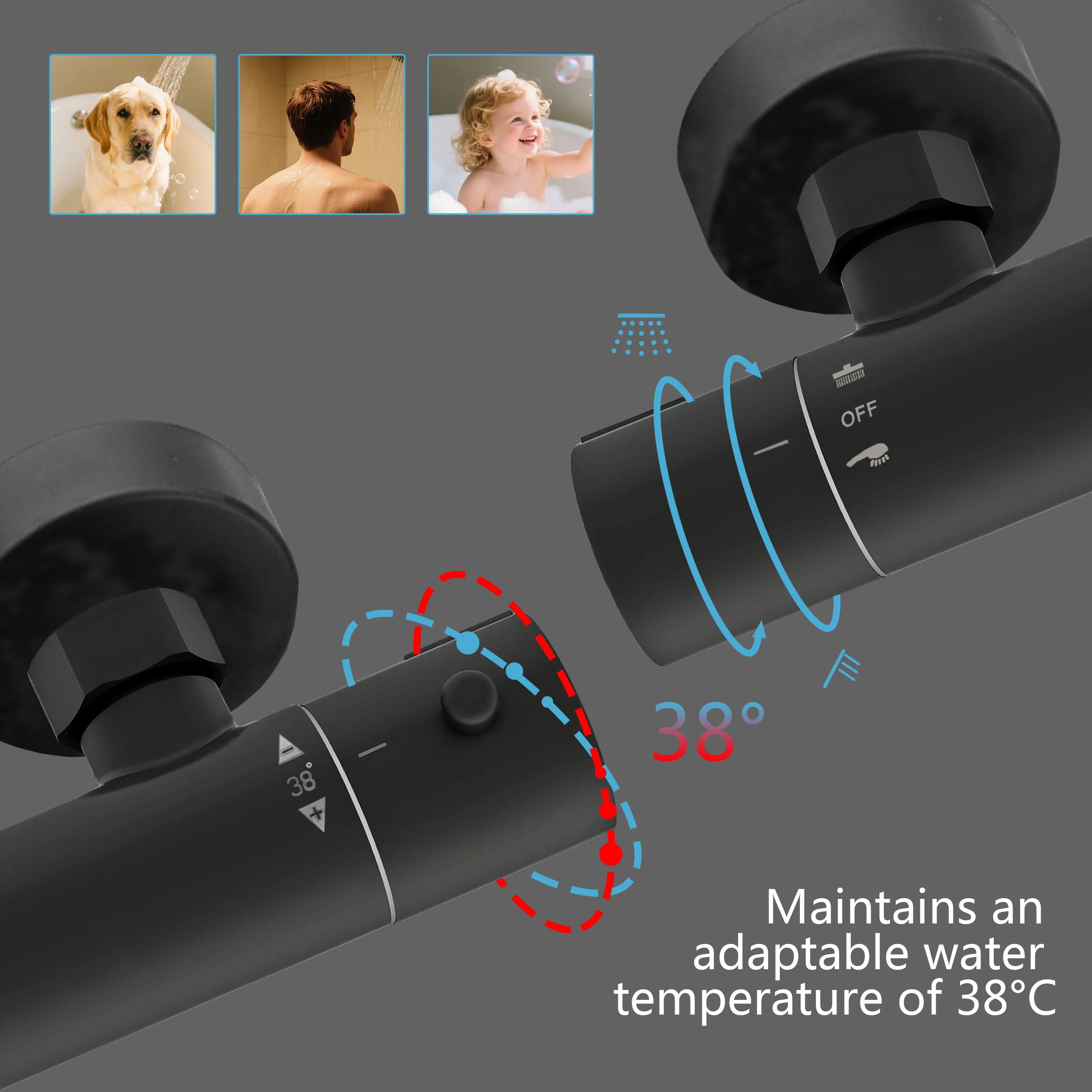 AICA Colonna doccia doccia con miscelatore termostatico, soffione quadrato 20x20cm in acciaio inox, regolabile in altezza, disponibile in cromo/nero - Image 9