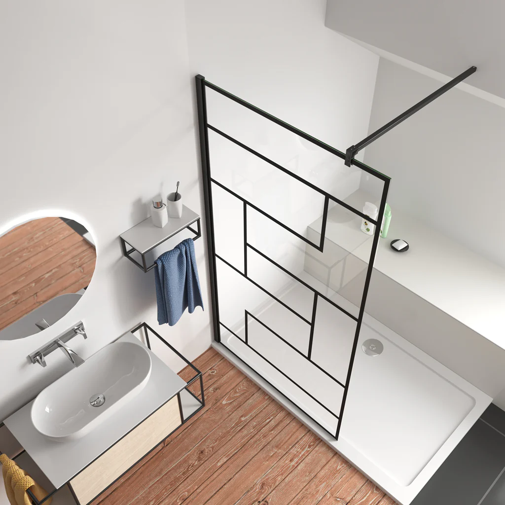 Aica Parete Per Doccia 200cm Walk-In Vetro Temperato Trasparente Anticalcare 8 mm Serigrafato Nero con Riquadri Barra Stabilizzatrice Nero Opaco - Image 6