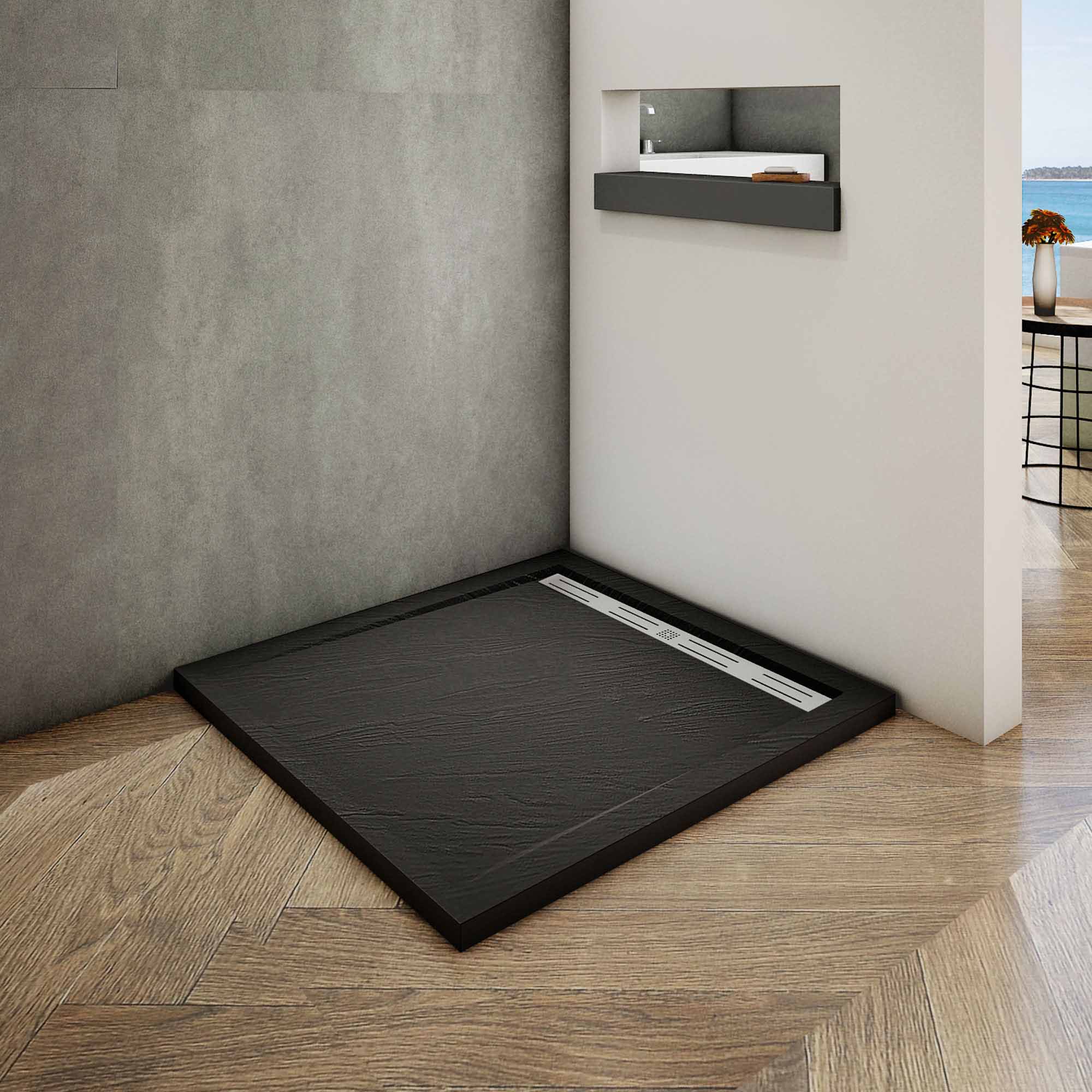 Aica Piatto Doccia Rettangolare/Quadrato In Pietra Vulcanica e Resina Mista Finitura Pietra Nera Ruvida Ultraslim Antiscivolo Antibatterico - Image 4