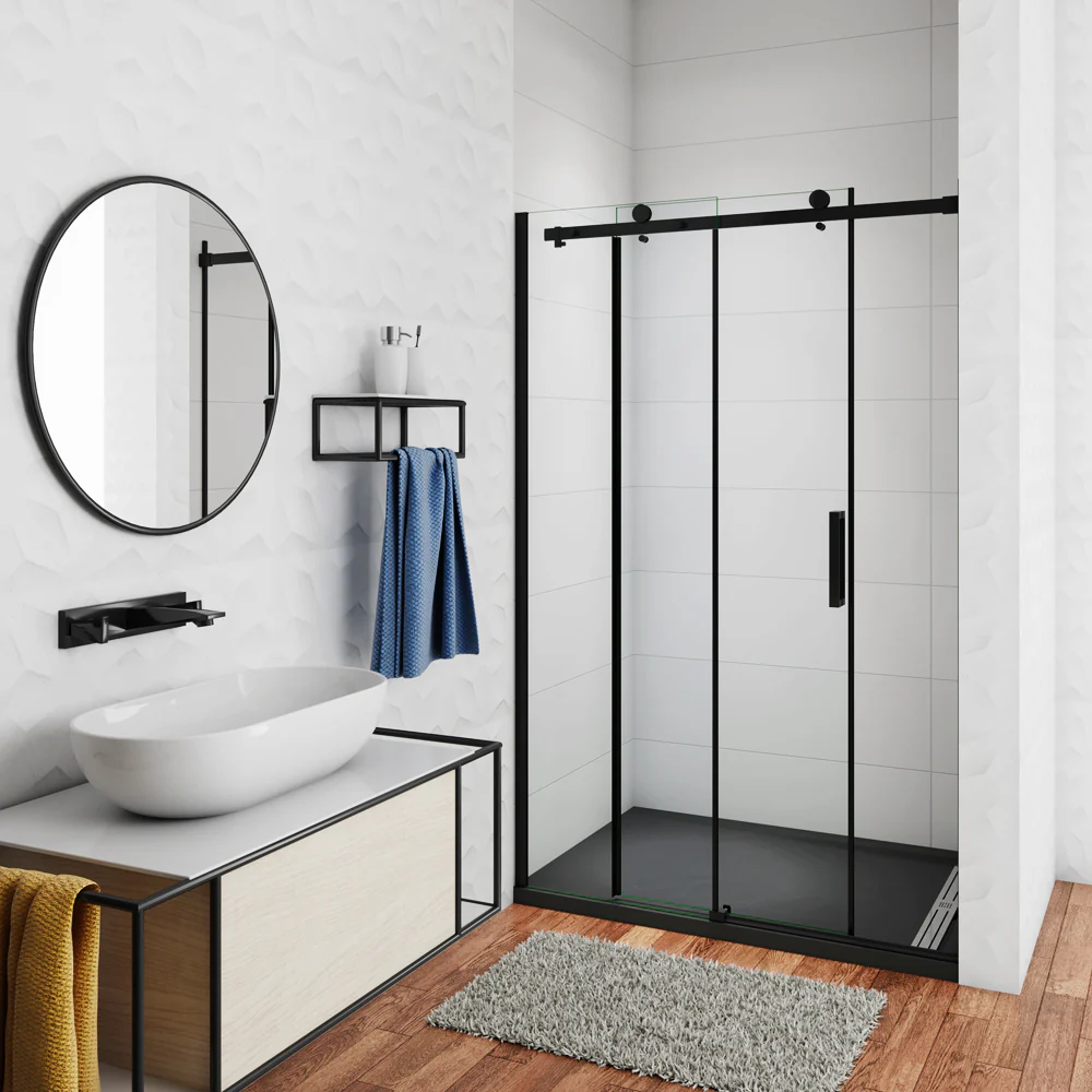 Aica 200 cm Box Doccia Per Nicchia Porta Scorrevole Ingresso Laterale In Vetro 8 mm Temperato Trasparente Anticalcare Telaio Nero Opaco - Image 2