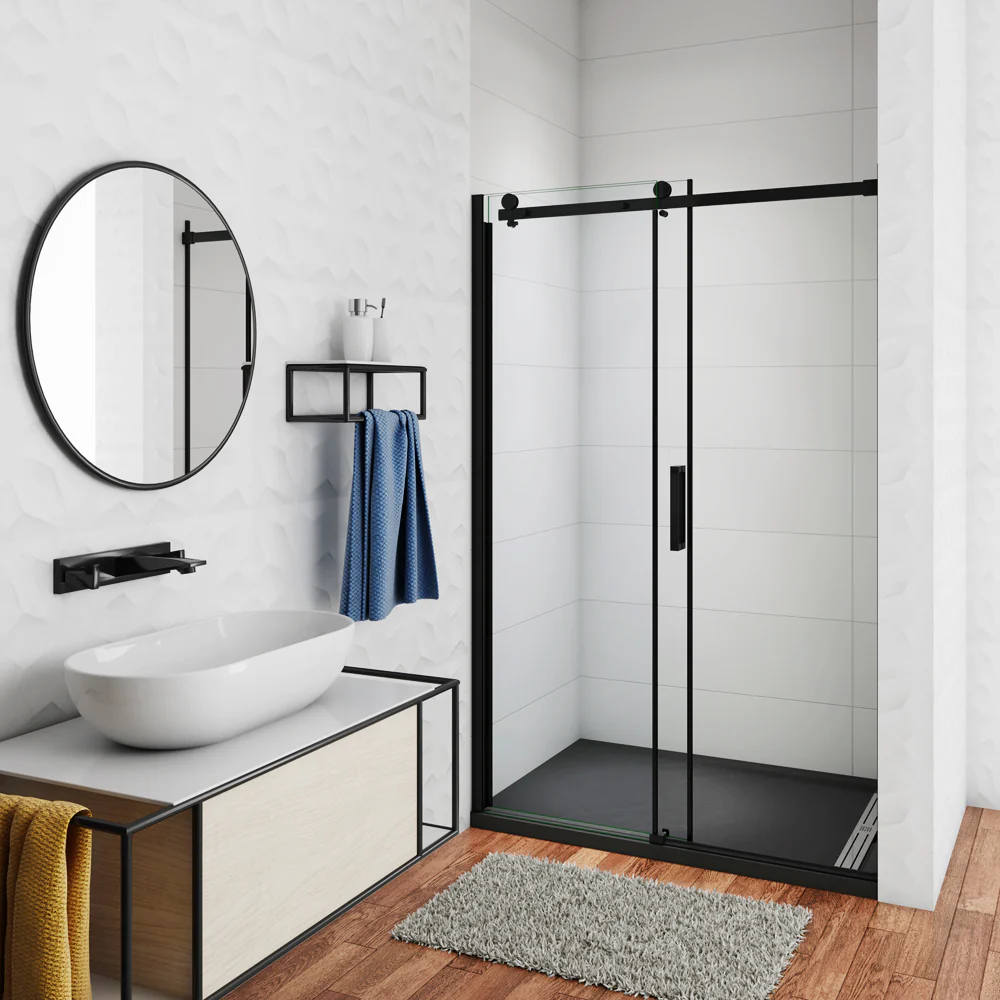 Aica 200 cm Box Doccia Per Nicchia Porta Scorrevole Ingresso Laterale In Vetro 8 mm Temperato Trasparente Anticalcare Telaio Nero Opaco - Image 3