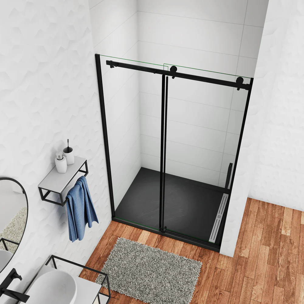 Aica 200 cm Box Doccia Per Nicchia Porta Scorrevole Ingresso Laterale In Vetro 8 mm Temperato Trasparente Anticalcare Telaio Nero Opaco - Image 5