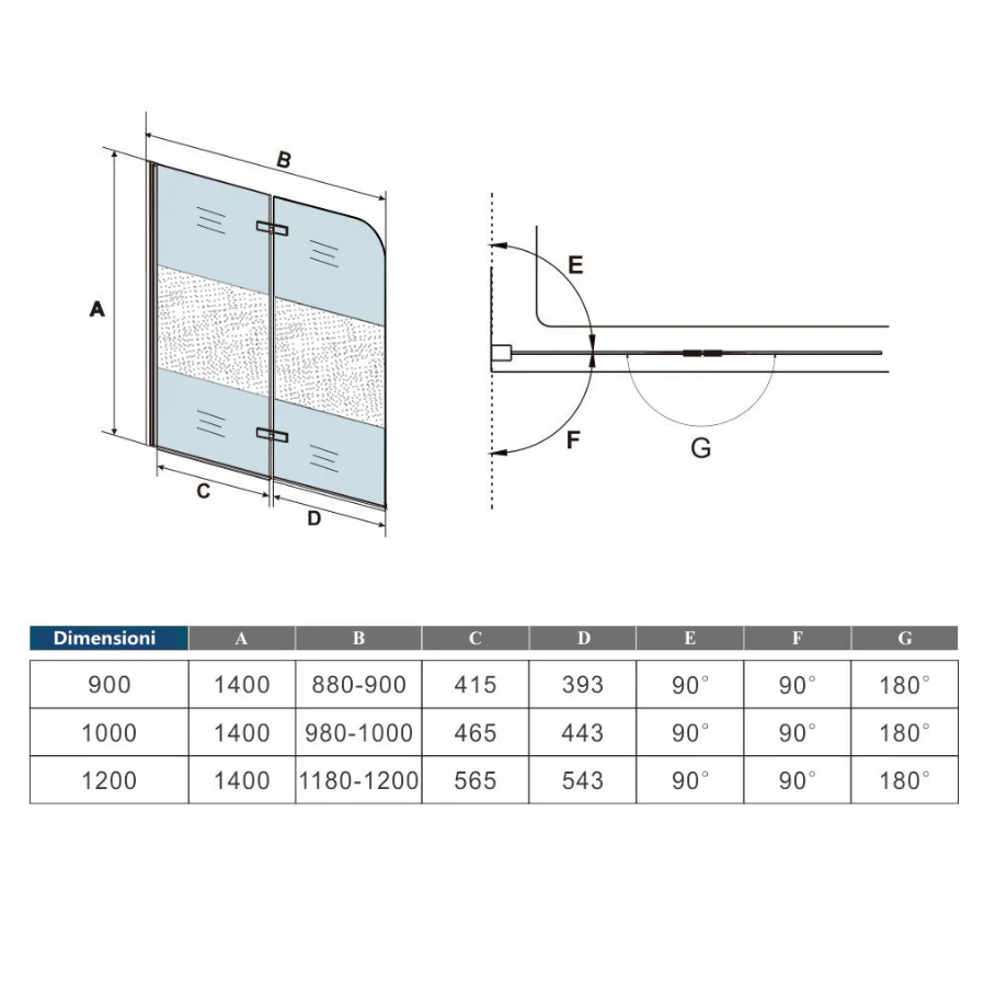 Aica Sopravasca 140 cm Apribile 180 Gradi verso Sinistro/Destro in Vetro Temperato 6 mm Trasparente Anticalcare Fascia Centrale Opaca - Image 18