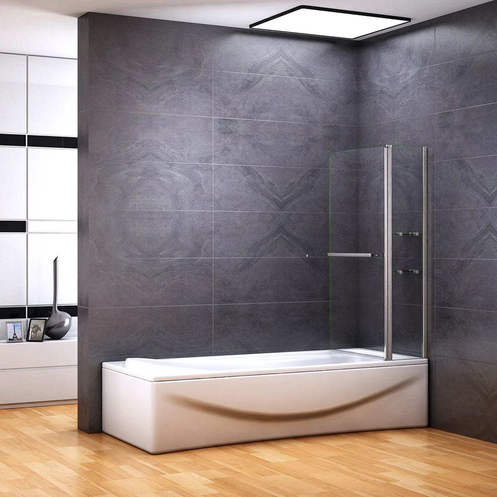 Aica Sopravasca Parete Doccia Per Vasca Girevole 180° Vetro Temperato 6mm Trasparente Inclusi Due Ripiani Maniglia Portasciugamani 100x140cm - Image 2