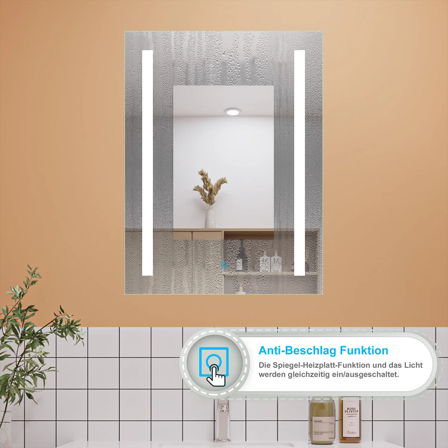 Aica Specchio per Trucco Quadrato 50X70cm con LED, Anti-appannamento, Montaggio a Parete Luce Bianca 6000K, con Pulsante Smart Touch - Image 2