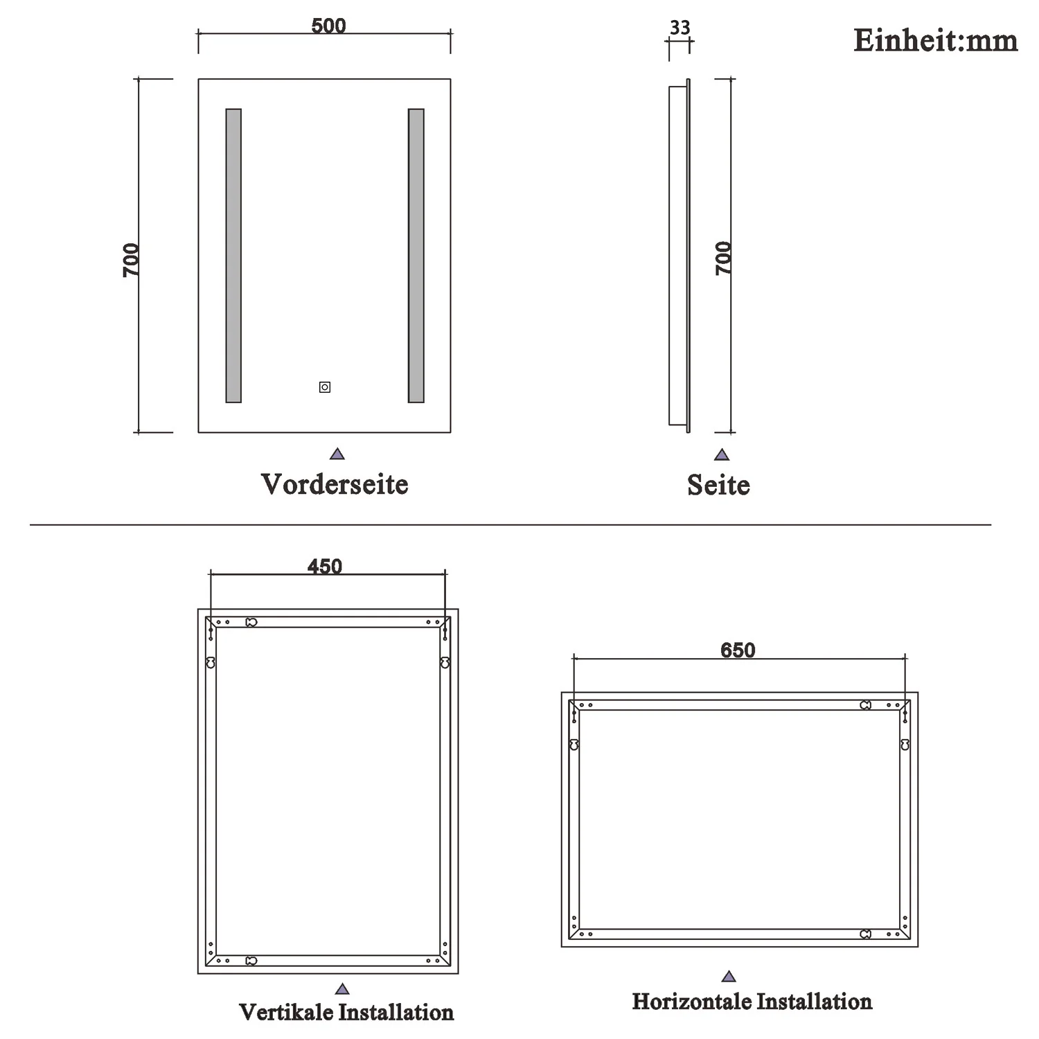 Aica Specchio per Trucco Quadrato 50X70cm con LED, Anti-appannamento, Montaggio a Parete Luce Bianca 6000K, con Pulsante Smart Touch - Image 6