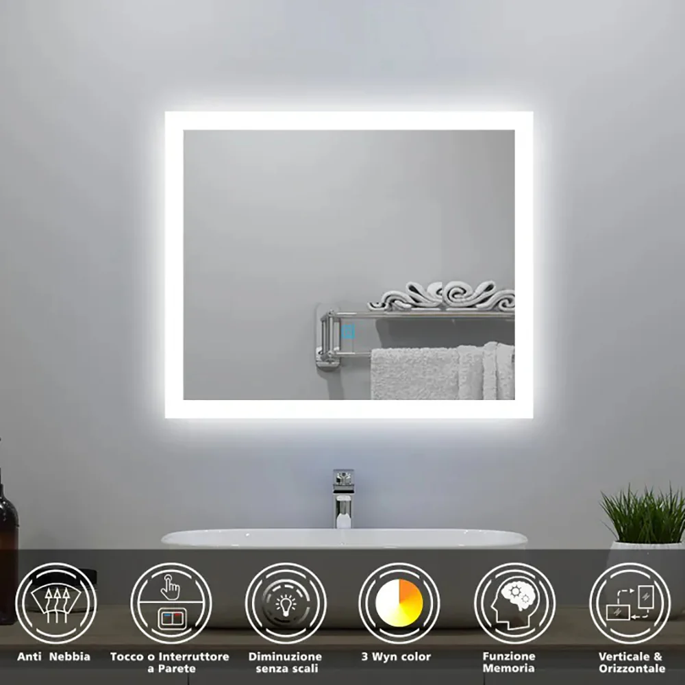 Aica LED Specchio da bagno 60×50 cm, luminosit regolabile a 3 colori, antiappannamento, memoria di interruzione di corrente - Image 2