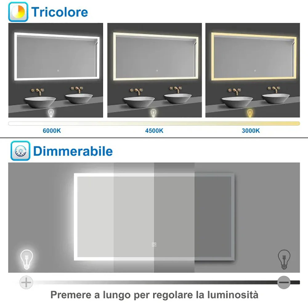 Aica LED Specchio da bagno 60×50 cm, luminosit regolabile a 3 colori, antiappannamento, memoria di interruzione di corrente - Image 6