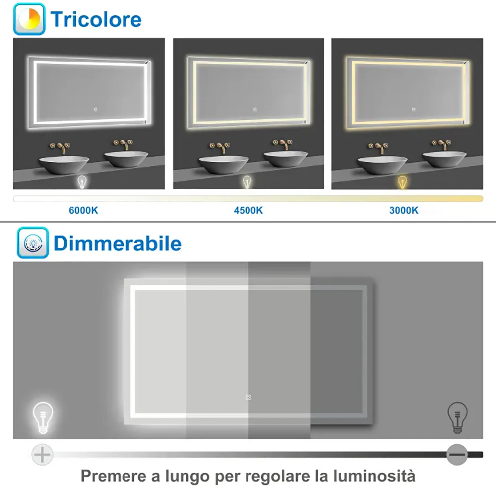 AICA Specchio Da Bagno Rettangolare Da 150x80cm con LED, Antiappannamento, 3 Temperature Colore - Image 4