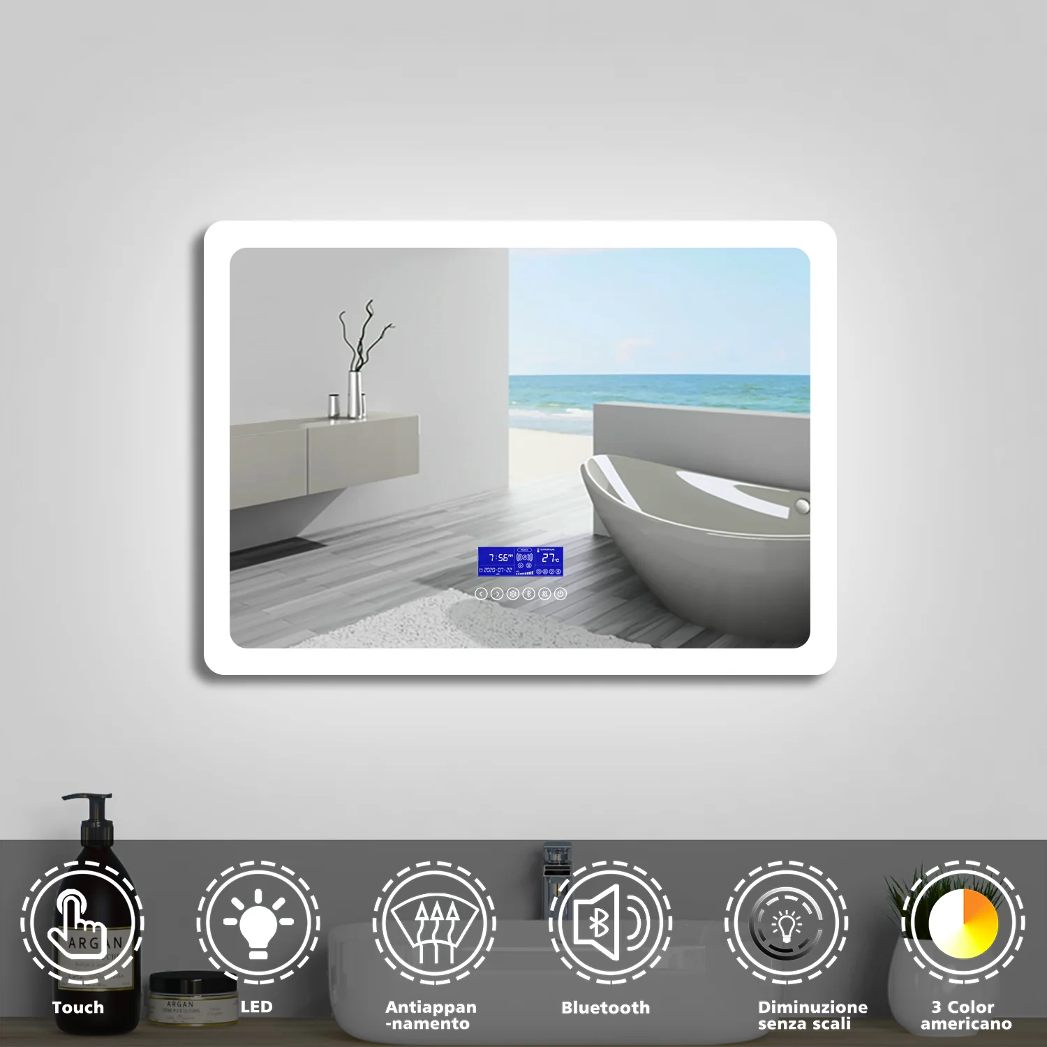 Aica Specchio Quadrato Da Bagno Specchio Cosmetico Con Illuminazione, Anti-appannamento, Luce Bianca Fredda 6000K, IP44 Resistente All'umidità, Vetro Senza Rame - Image 3