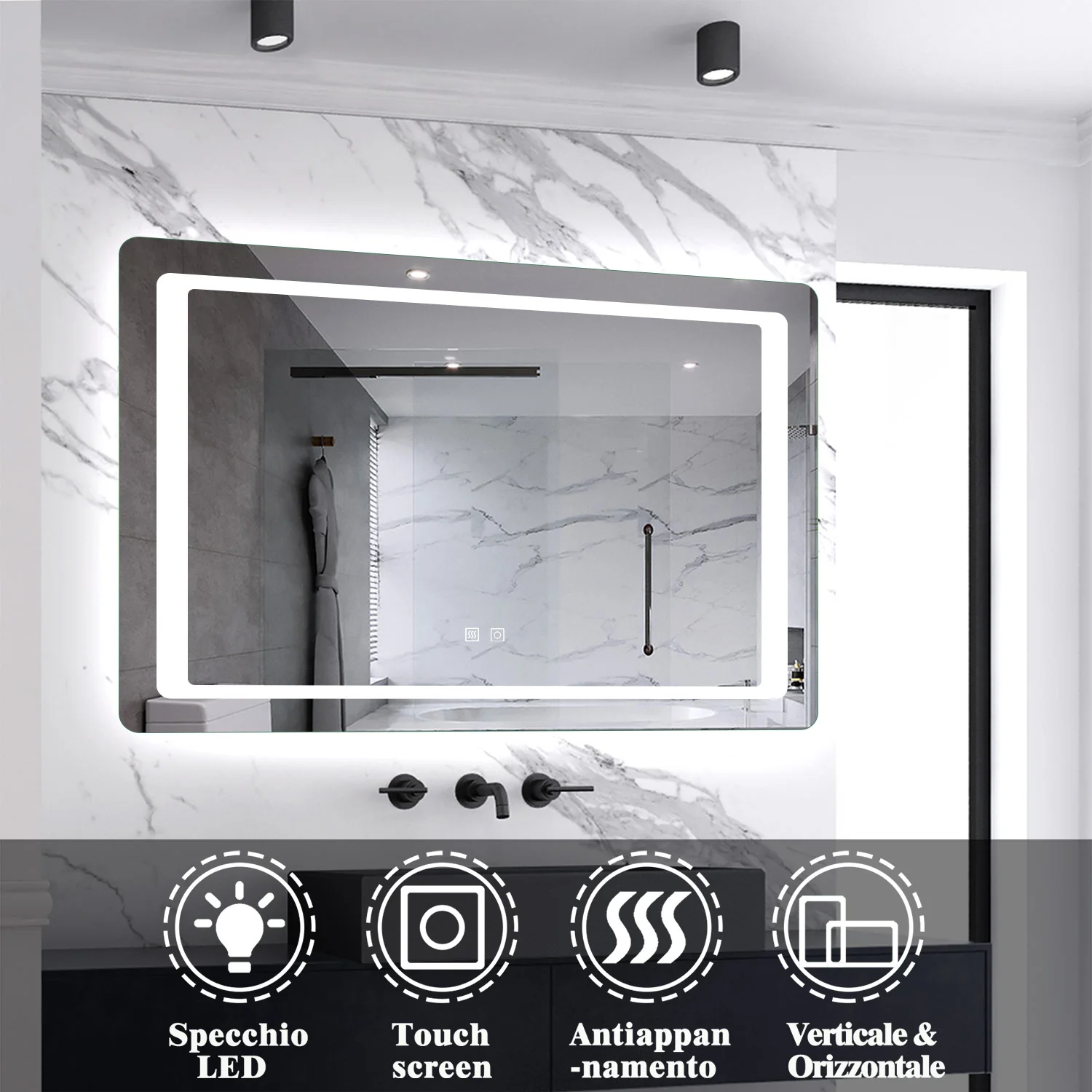 Aica Specchio Quadrato Da Bagno Specchio Cosmetico Con Illuminazione, Anti-appannamento, Luce Bianca Fredda 6000K, IP44 Resistente All'umidità, Vetro Senza Rame - Image 4