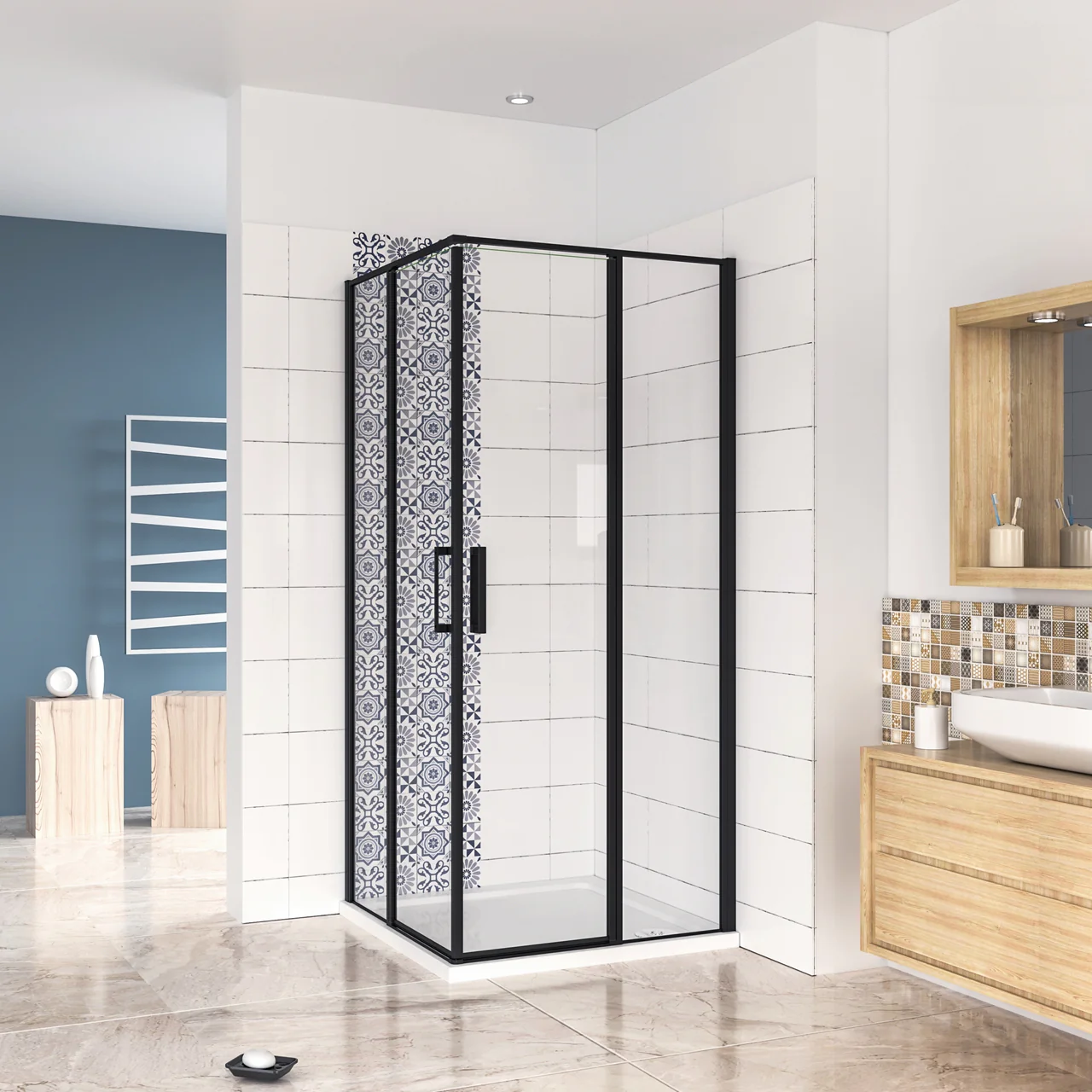 Box Doccia Angolare 80/90/100/120x80/90/100/120 cm H.185 cm Doppia Porta Battente in Vetro Temperato Trasparente Anticalcare 6 mm Profilo Nero Opaco