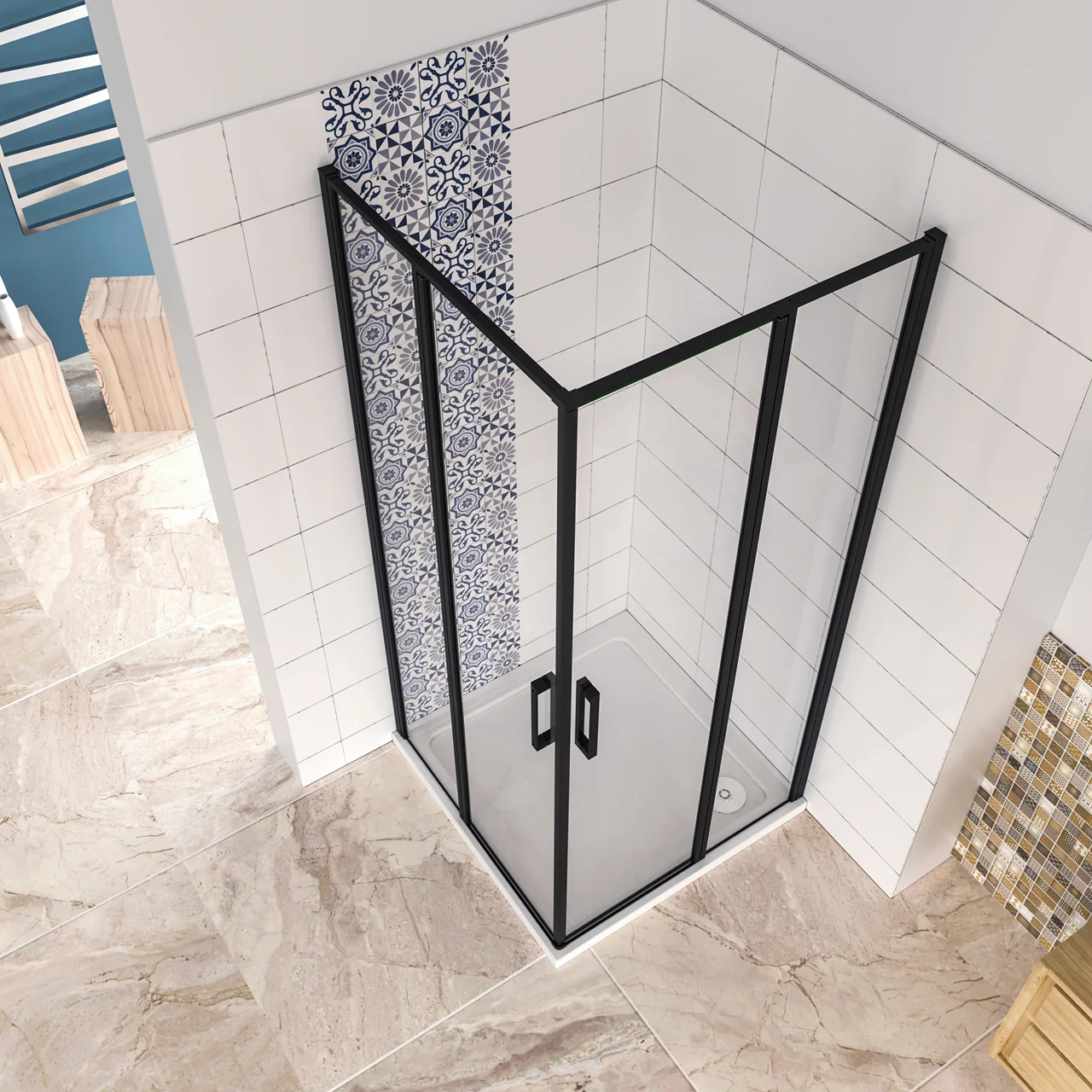 Box Doccia Angolare 80/90/100/120x80/90/100/120 cm H.185 cm Doppia Porta Battente in Vetro Temperato Trasparente Anticalcare 6 mm Profilo Nero Opaco - Image 4