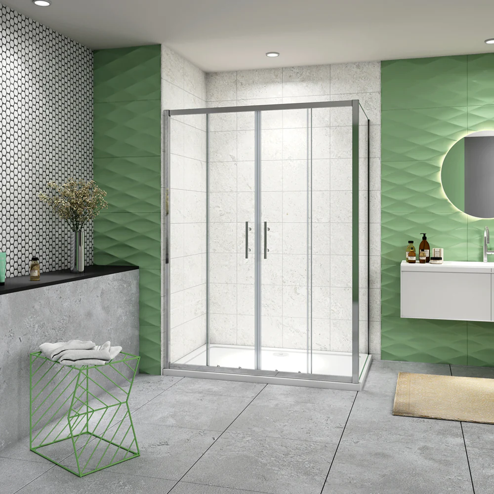 185 cm Box Doccia Angolare Porta Scorrevole con Parete Fissa Vetro 5mm Ingresso Centrale Temperato Trasparente Profilo Cromato Lucido