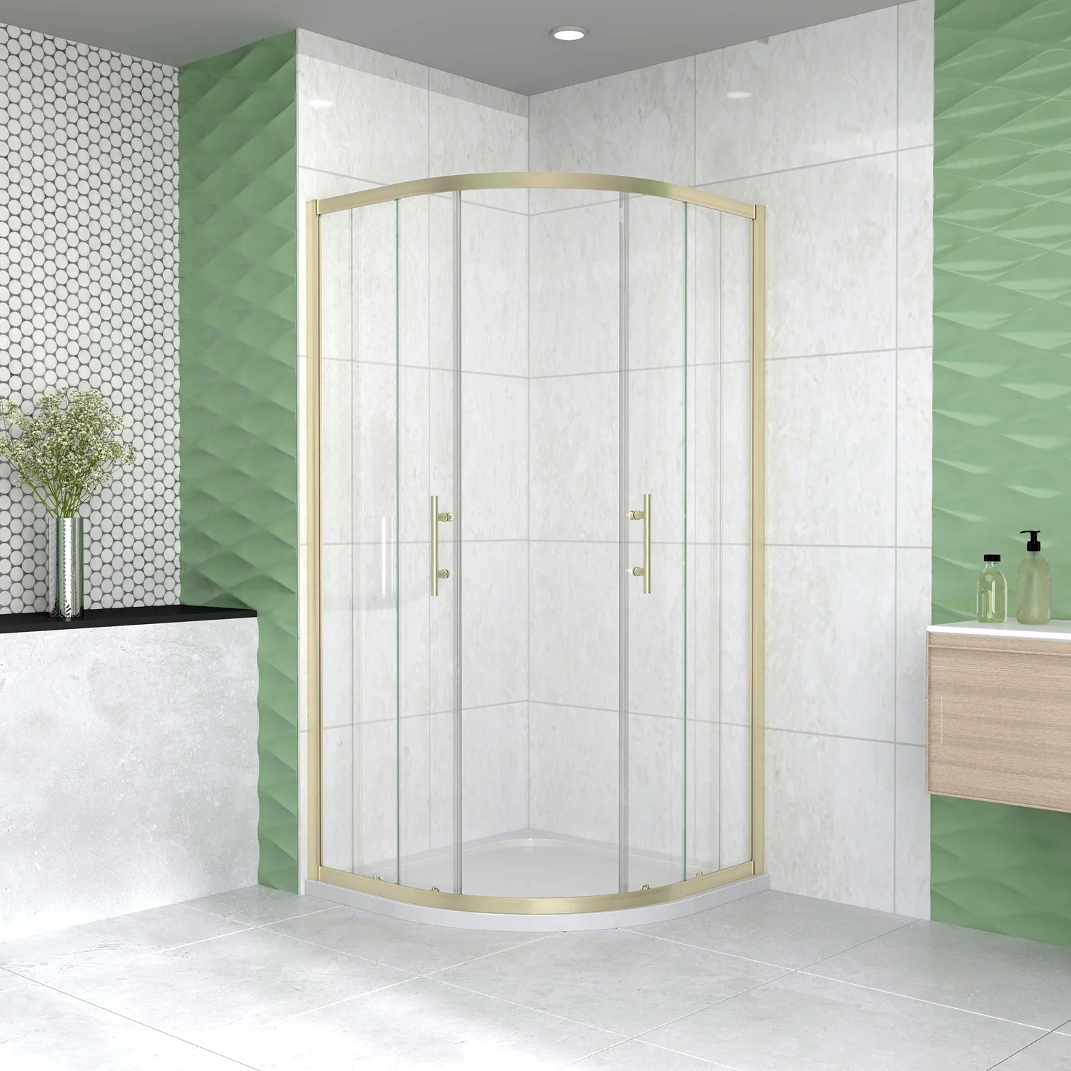 Box Doccia Semicircolare 80-90X80-90 cm H.190 Oro Spazzolato Porta Scorrevole Vetro 6 mm Trasparente Anticalcare, Piatto Doccia Bianco - Image 3