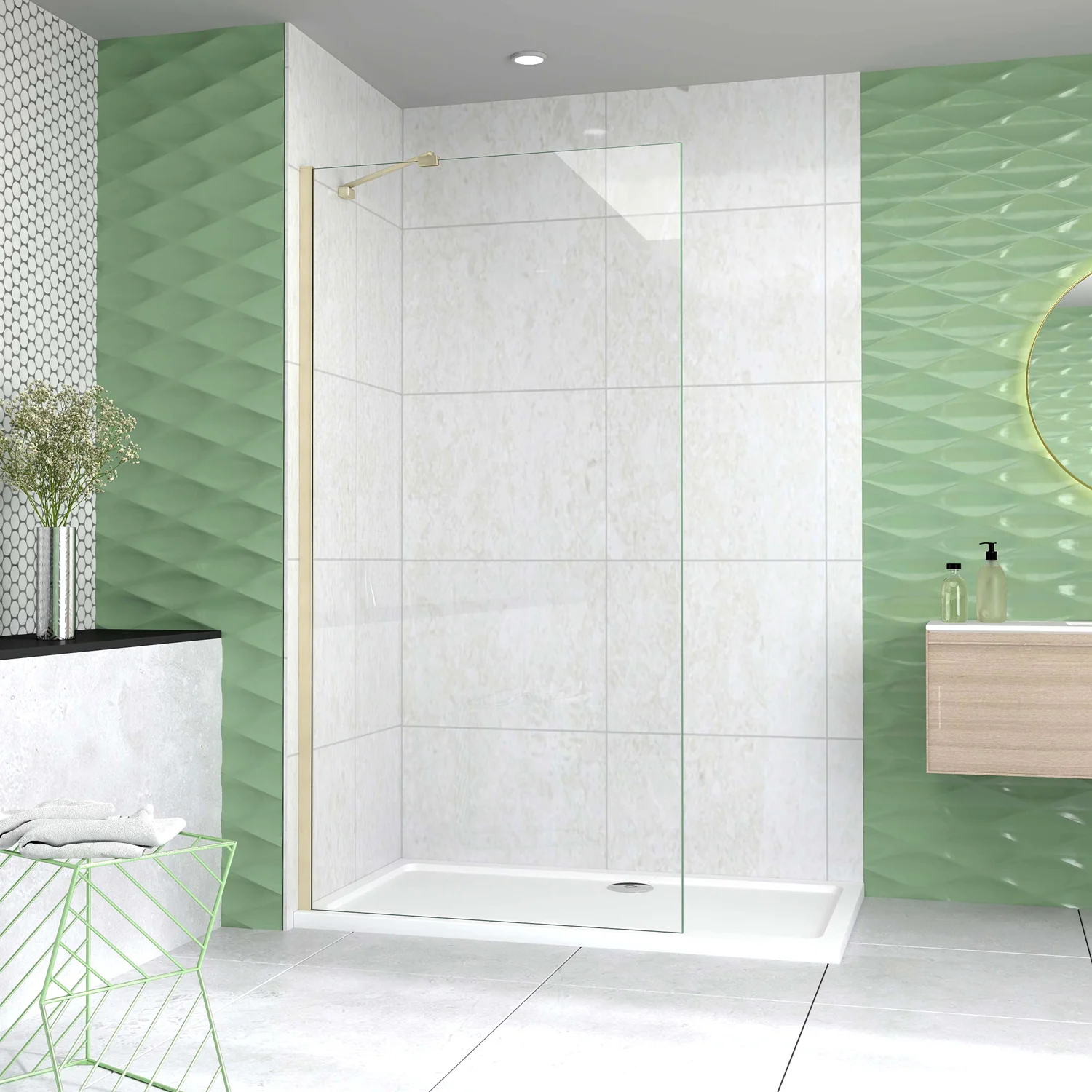 Box Doccia Walk In 40-120x200 cm Parete Fissa Vetro 8 mm Trasparente Anticalcare Oro Spazzolato Barra Stabilizzatrice 45 cm Snodabile