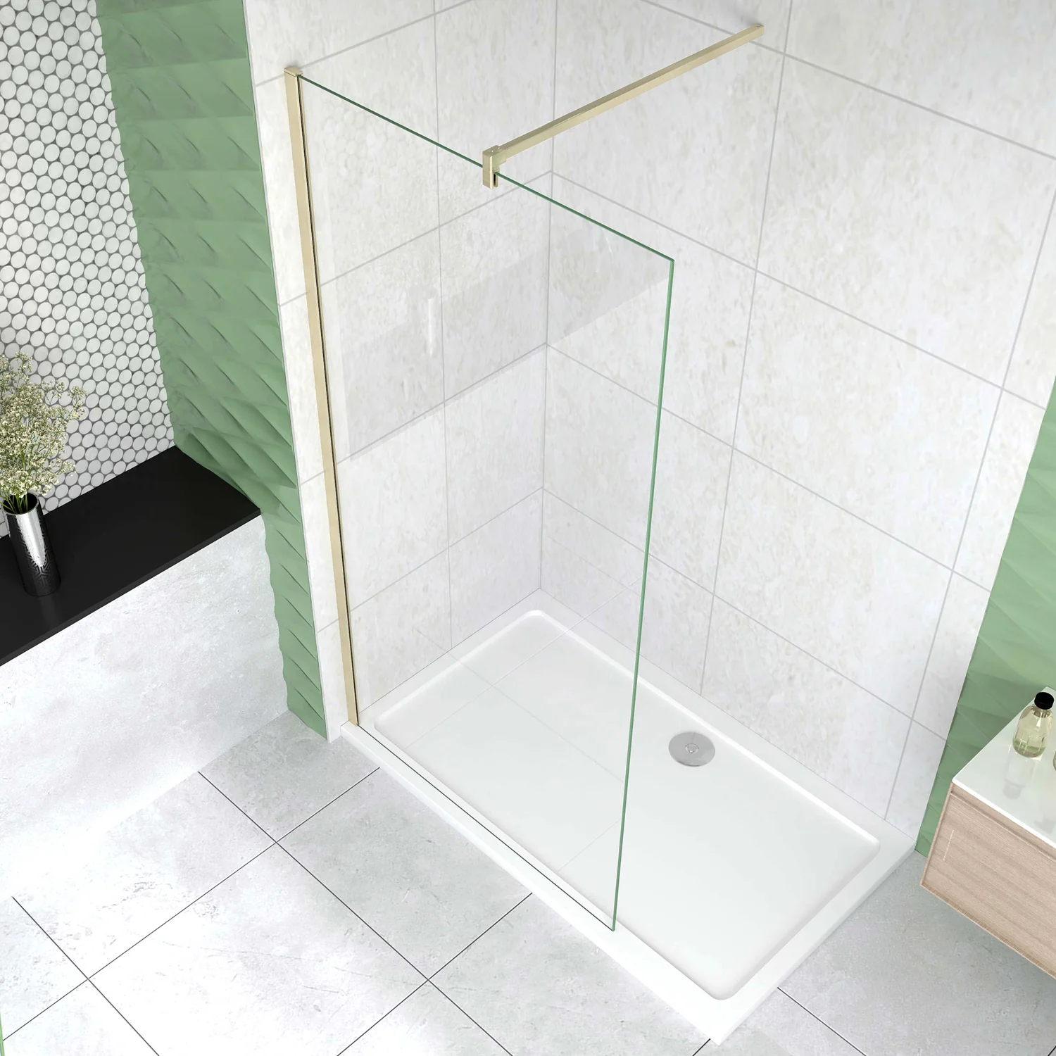 Box Doccia Walk In 40-50-60-70-80-85-90-100-110-120x200 cm Parete Fissa Vetro 8/10 mm Trasparente Anticalcare Oro Spazzolato Barra Stabilizzatrice 140 cm - Image 2