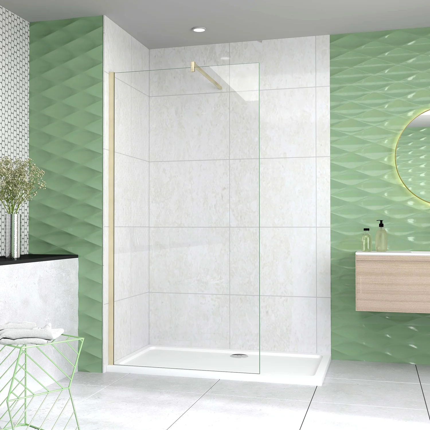 Box Doccia Walk In 50-120x200 cm Parete Fissa Vetro 8/10 mm Trasparente Anticalcare Oro Spazzolato Barra Stabilizzatrice 140 cm