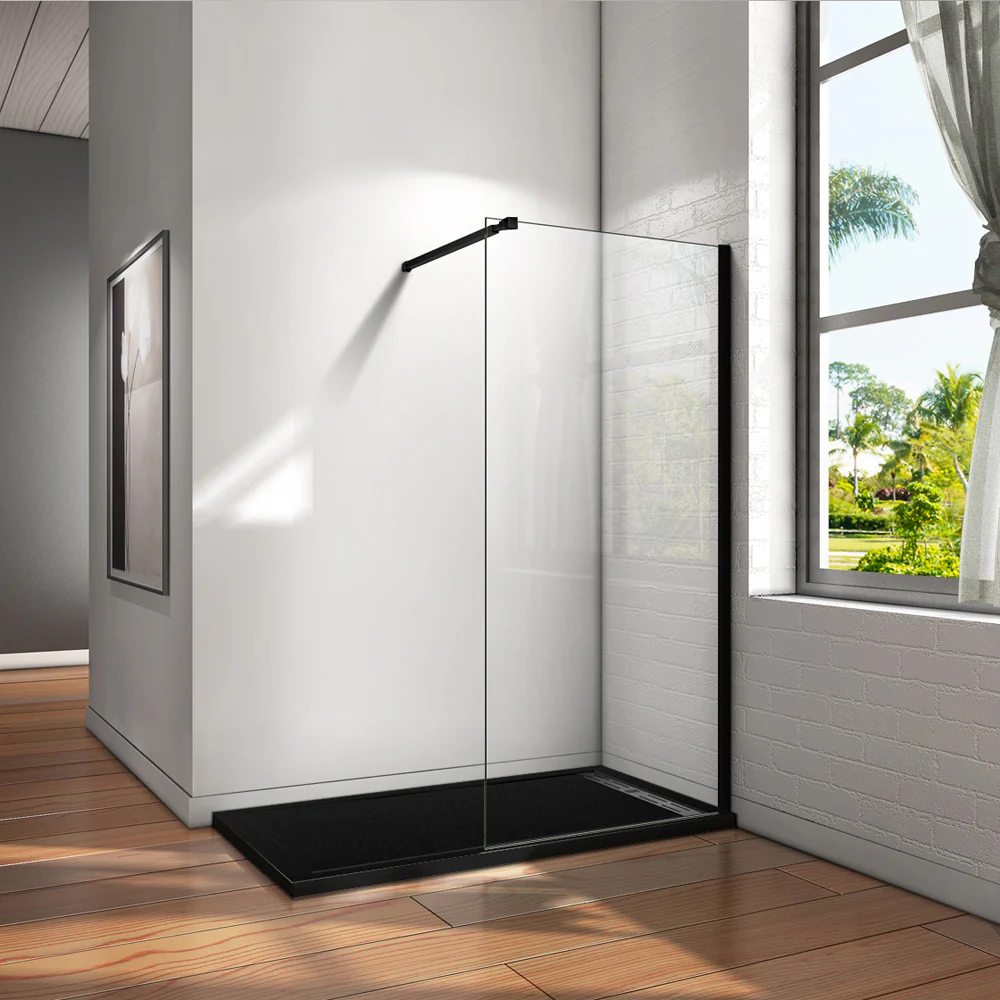 Aica Parete Per Doccia Walk-In Vetro Temperato Trasparente Anticalcare 8 mm Alta 200cm Con Barra Stabilizzatrice Nero Opaco Regolabile