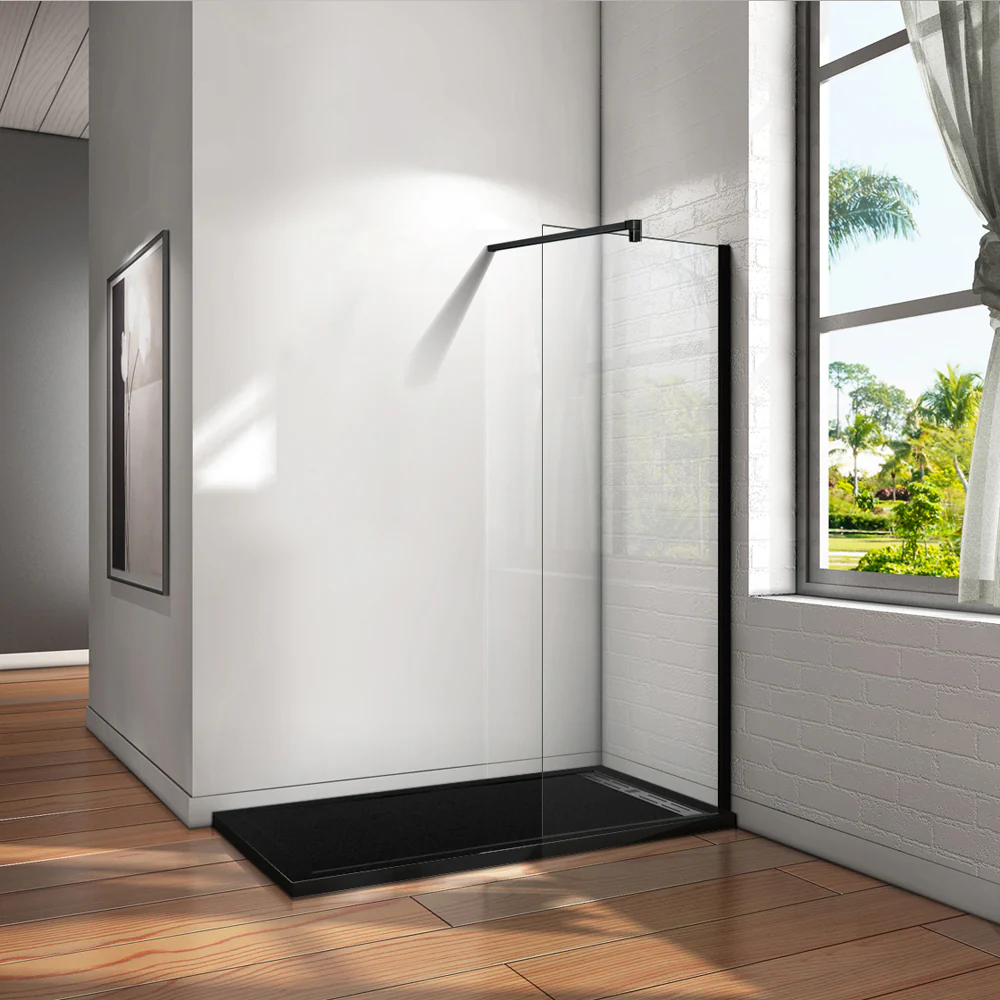Aica Parete Per Doccia Walk-In Vetro Trasparente 8mm Larga 50-140cm Alta 200cm Con Barra Stabilizzatrice Da 90cm Nero Opaco