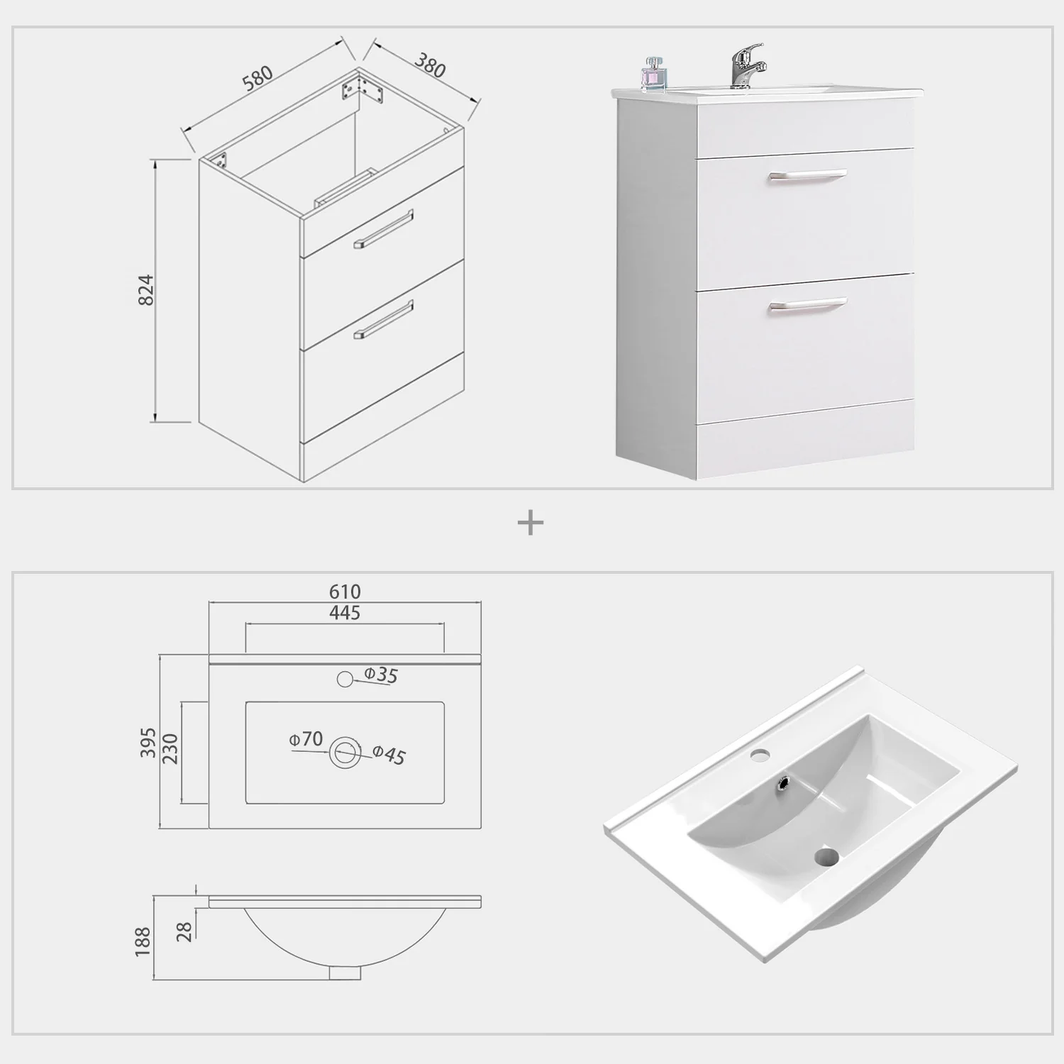 Aica Mobile Bagno 60cm Salvaspazi , con lavabo in Ceramica e 2 cassetti - Image 3
