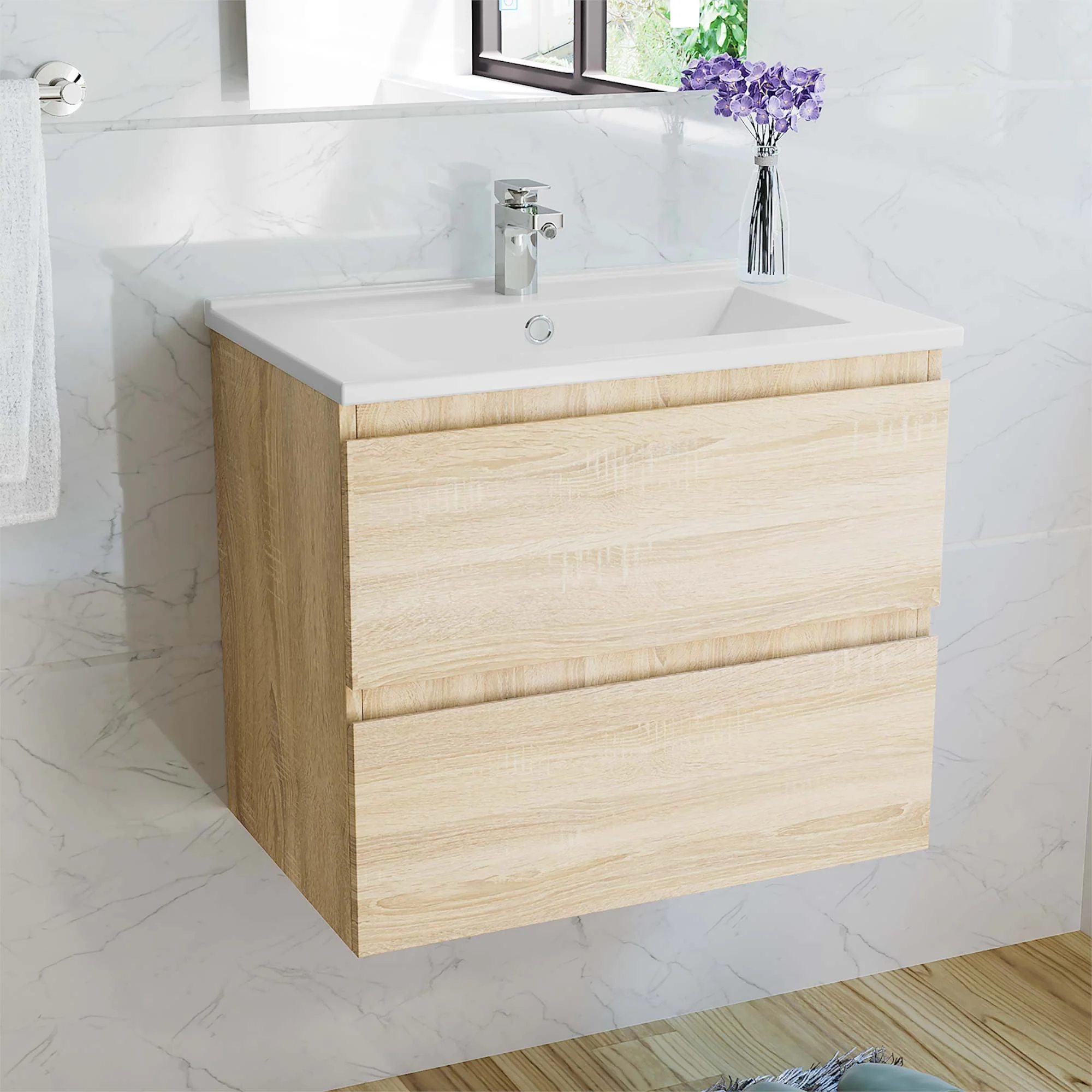 Aica sospeso salvaspazi Mobile Bagno , con lavabo in Ceramica e 2 cassetti - Image 3