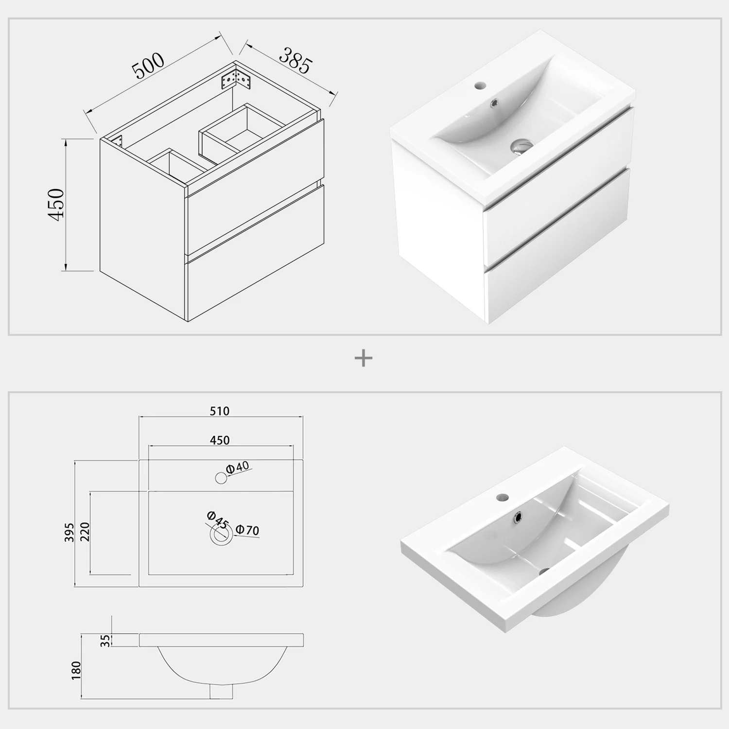Aica sospeso salvaspazi Mobile Bagno , con lavabo in Ceramica e 2 cassetti - Image 5