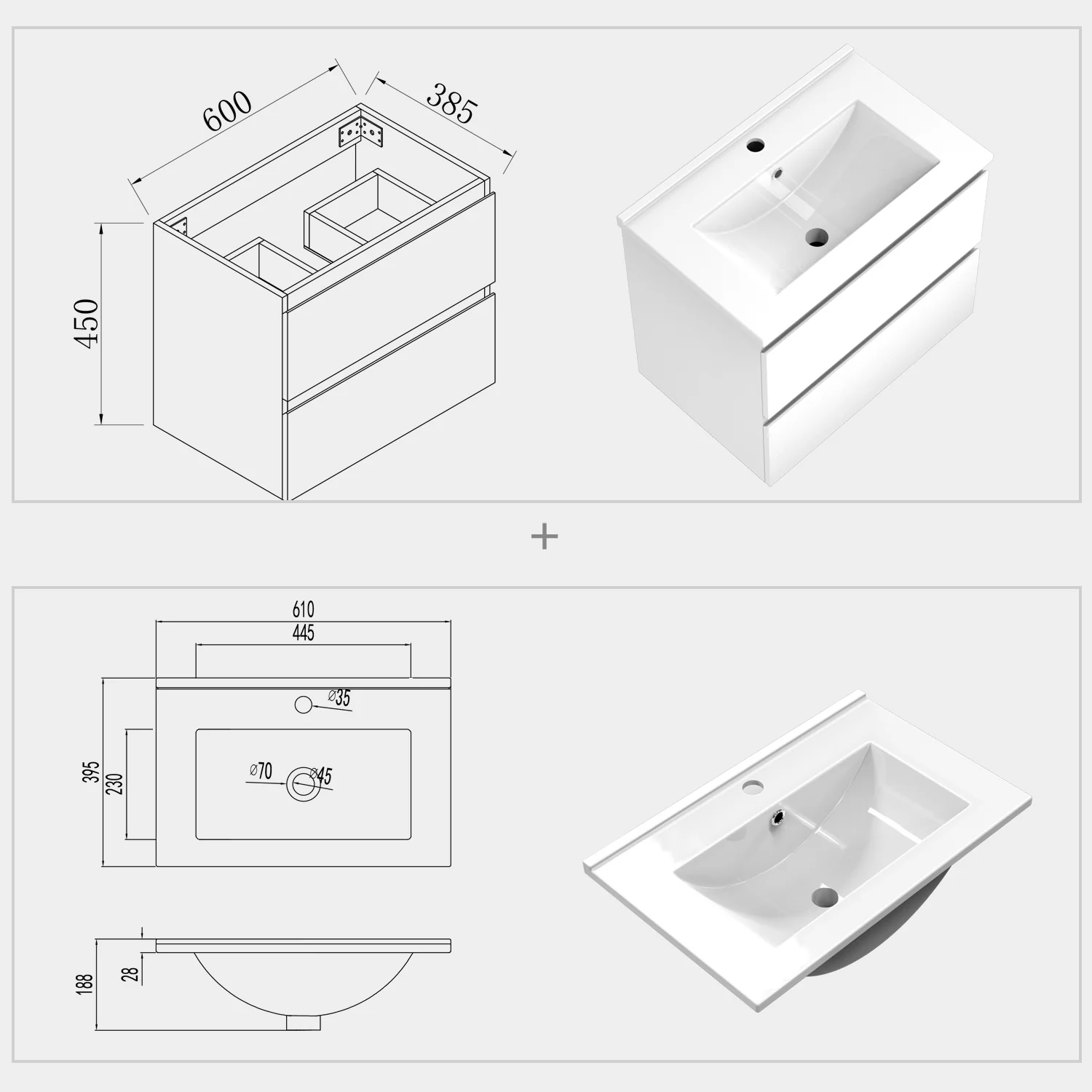 Aica sospeso salvaspazi Mobile Bagno , con lavabo in Ceramica e 2 cassetti - Image 7