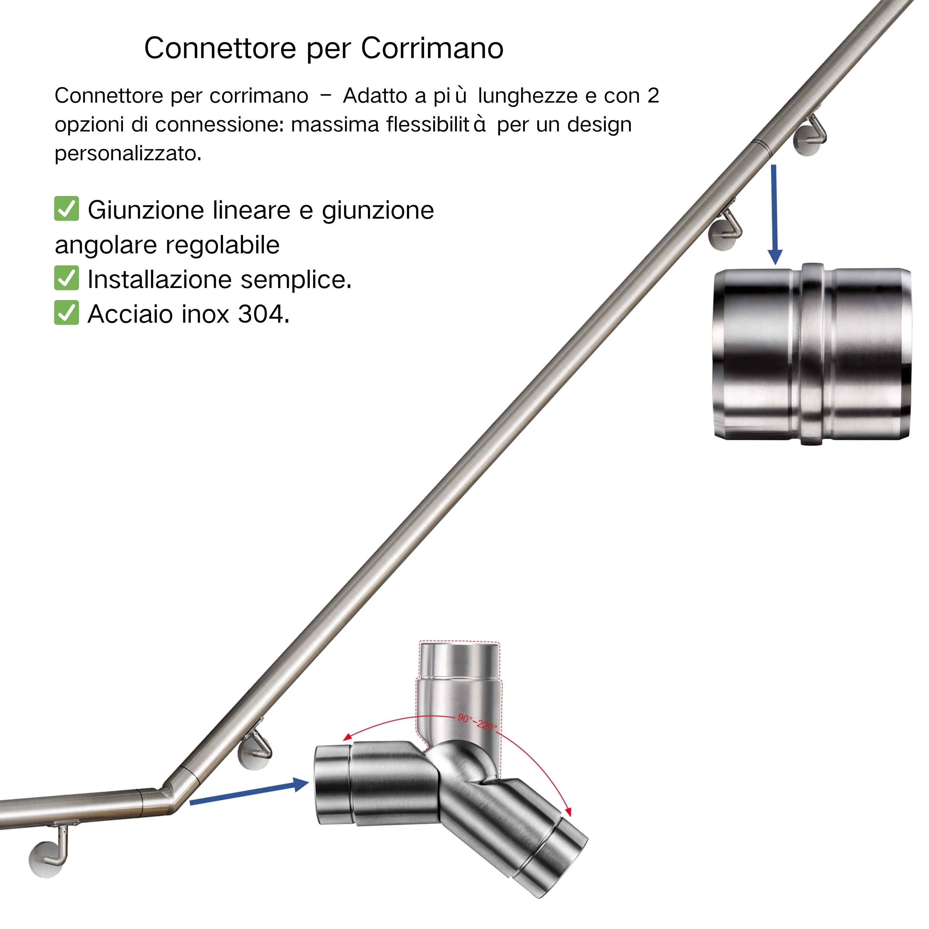 Corrimano in acciaio inox 304 spazzolato 80/100/120/150/180/200cm per interni ed esterni scale - Image 11