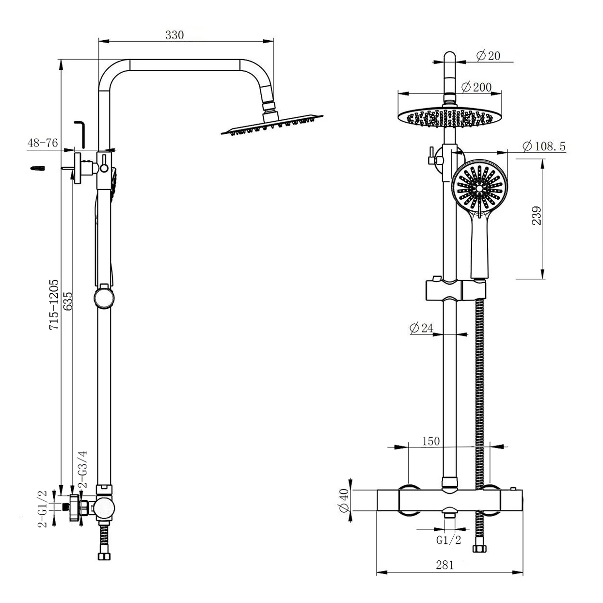 Sistema doccia AICA con miscelatore termostatico e soffione in acciaio inox da 20 cm di diametro, regolabile in altezza, color cromo. - Image 3