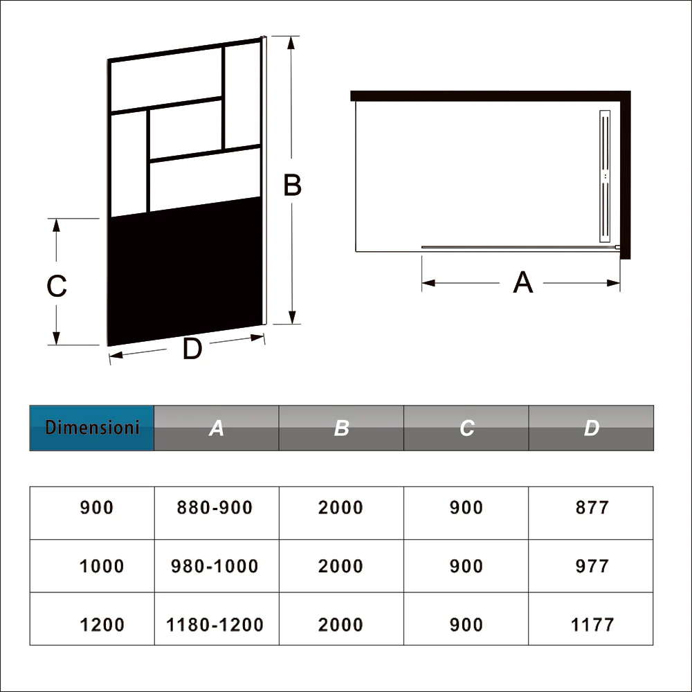 Doccia Walk In Parete Fissa Vetro Temperato 8mm Anticalcare 90-120 x200cm Semitrasparente Riquadri Nero Serigrafato Barra Stabilizzatrice da 140cm Tagliabile - Image 8