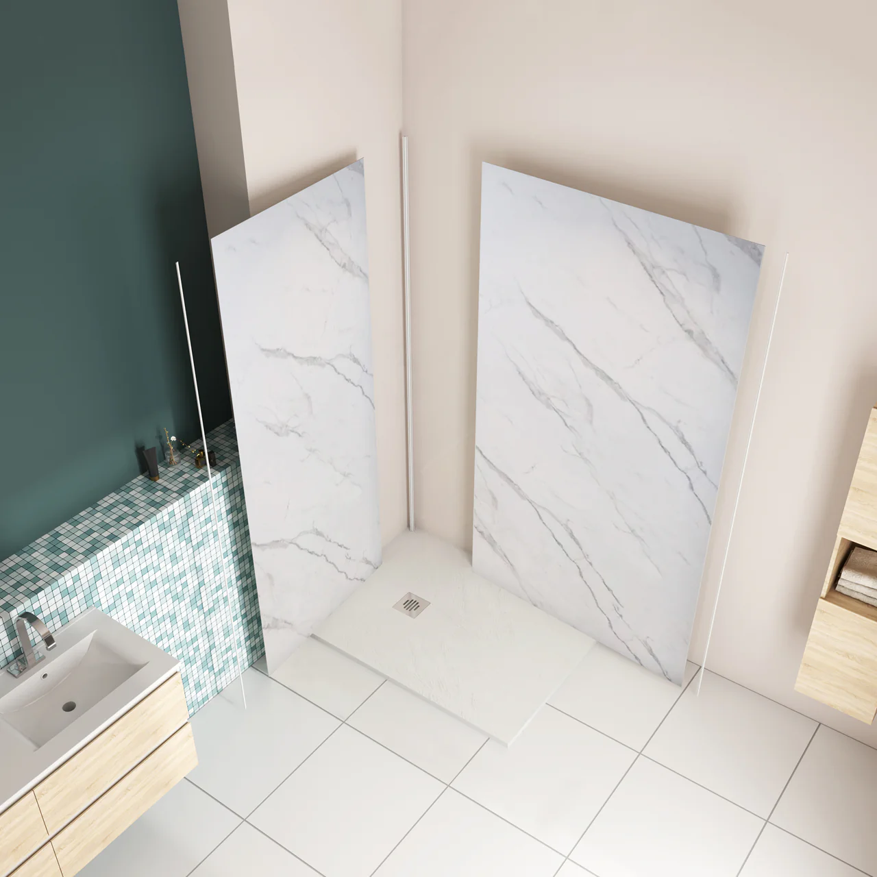 H.210 cm Pannello Doccia ad Angolo Realizzato in Alluminio da 3 mm con Profili Finitura Bianco Alba per Rivestimento Parete Bagno - Image 3