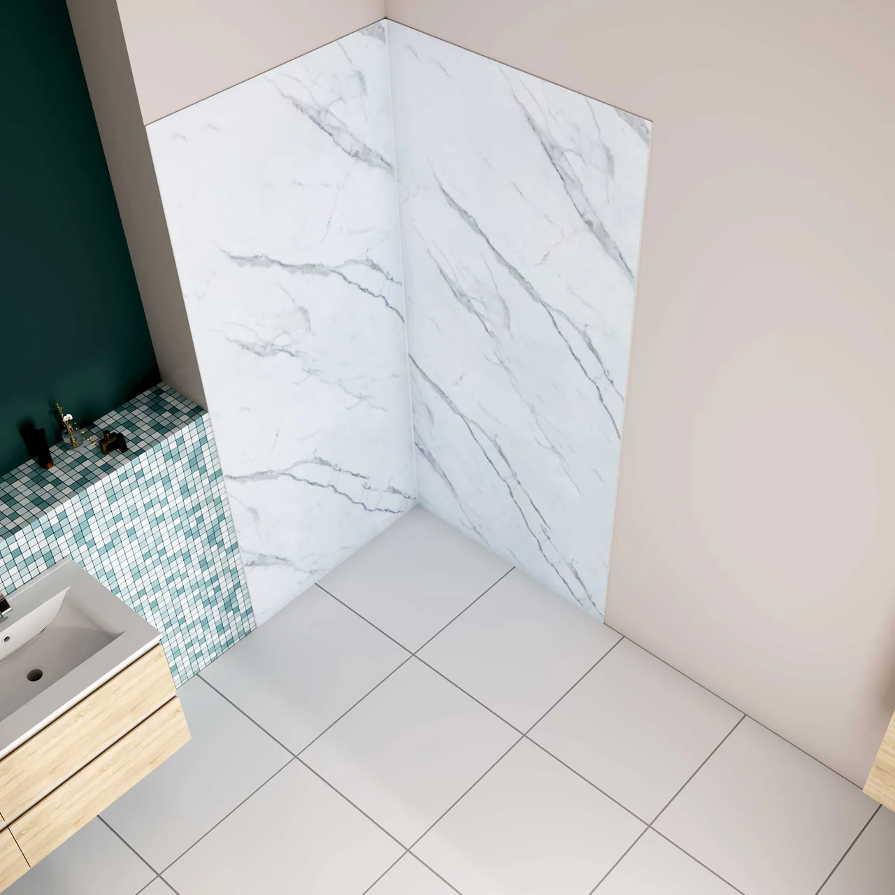 H.210 cm Pannello Doccia ad Angolo Realizzato in Alluminio da 3 mm con Profili Finitura Bianco Alba per Rivestimento Parete Bagno - Image 4