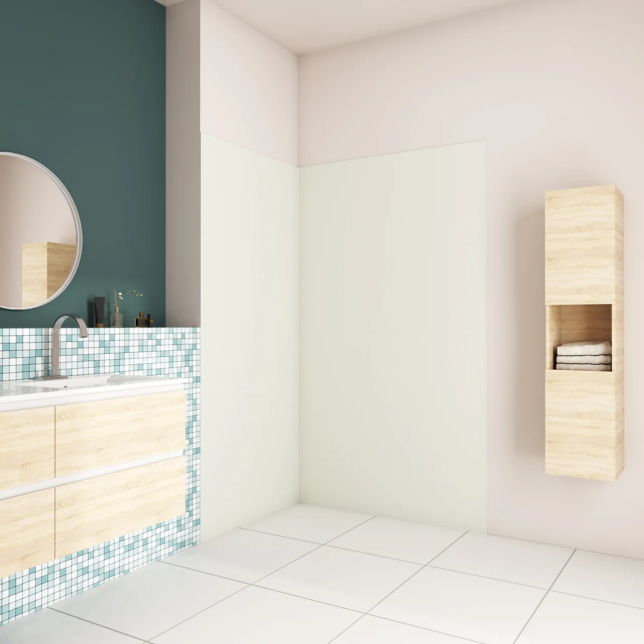 H.210 cm Pannello Doccia ad Angolo Realizzato in Alluminio da 3 mm con Profili Finitura Bianco Avorio per Rivestimento Parete Bagno - Image 3