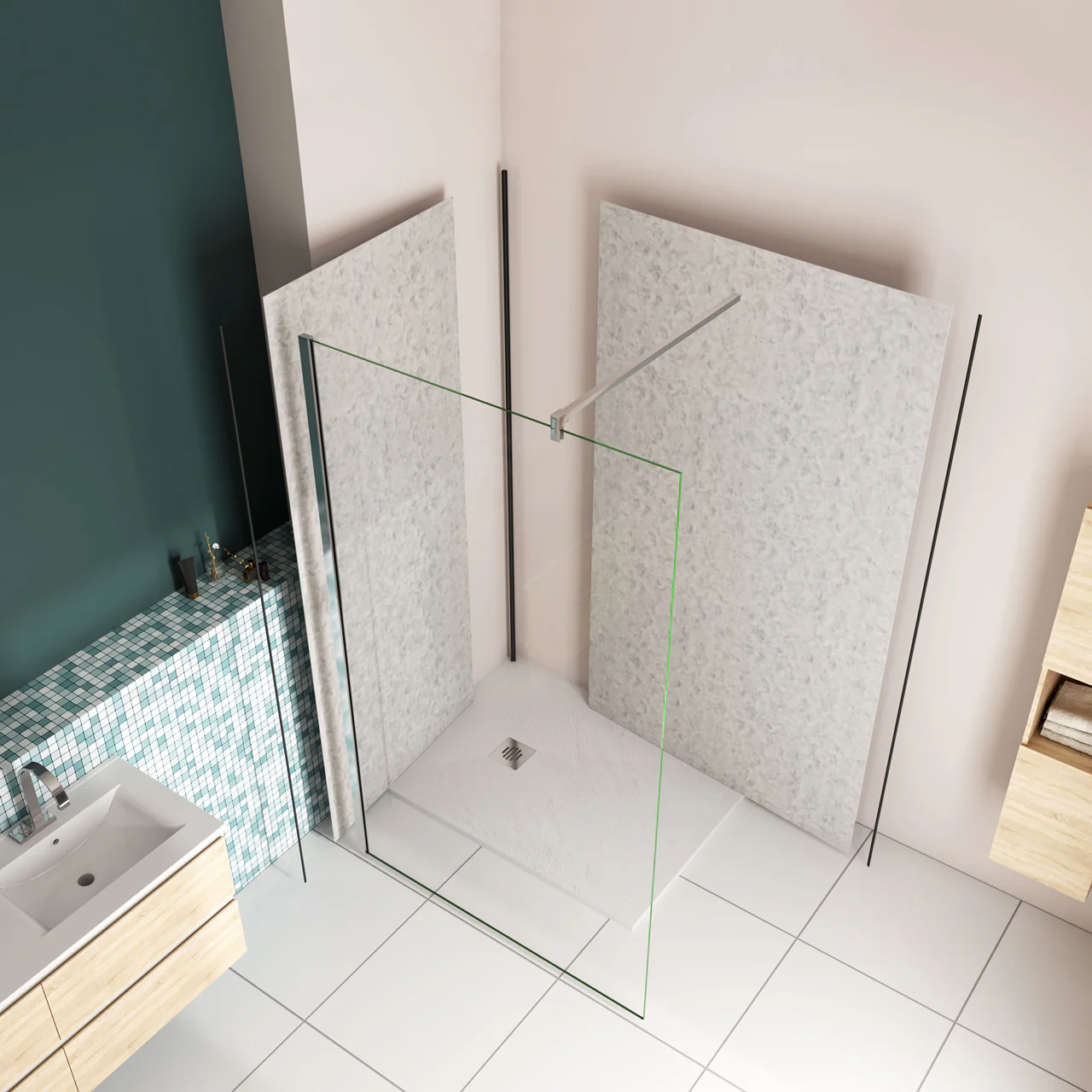 H.210 cm Pannello Doccia ad Angolo Realizzato in Alluminio da 3 mm con Profili Finitura Grigio Cemento per Rivestimento Parete Bagno - Image 3