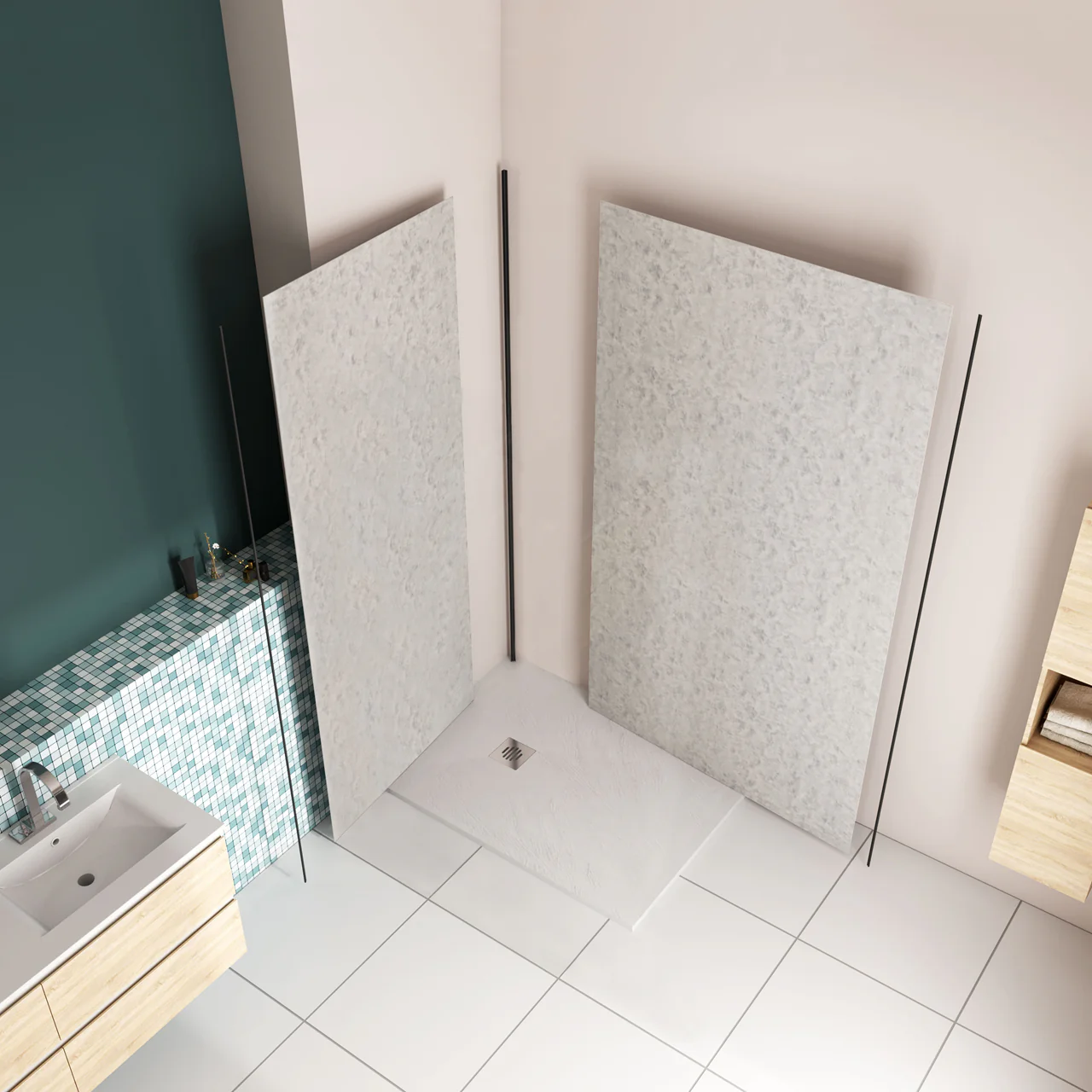 H.210 cm Pannello Doccia ad Angolo Realizzato in Alluminio da 3 mm con Profili Finitura Grigio Cemento per Rivestimento Parete Bagno - Image 4