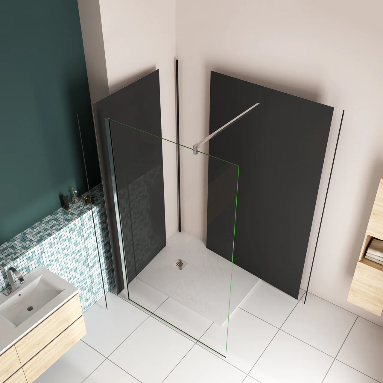 H.210 cm Pannello Doccia ad Angolo Realizzato in Alluminio da 3 mm con Profili Finitura Nero Opaco per Rivestimento Parete Bagno - Image 3