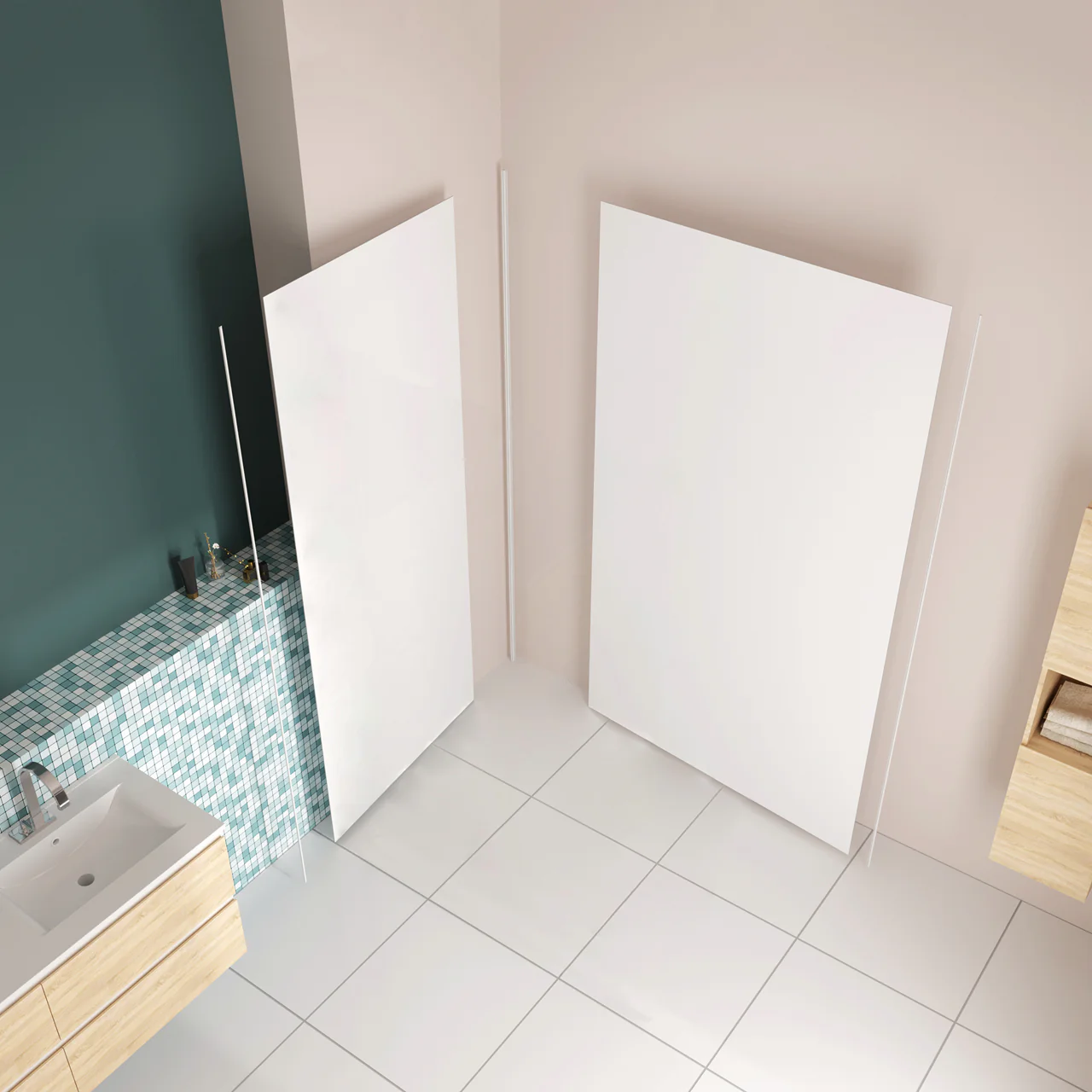 H.210cm Pannello Doccia ad Angolo Realizzato in Alluminio da 3mm con Profili Finitura Bianco Opaco per Rivestimento Parete Bagno - Image 2