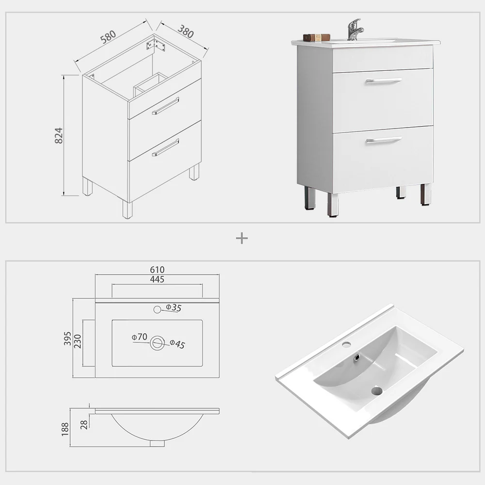 Mobile bagno Aica 60cm salva spazio, con lavabo in ceramica e 2 cassetti, con piedini in metallo - Image 2